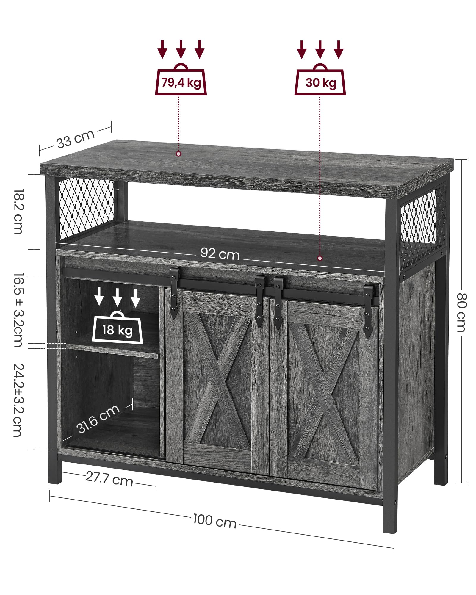 Buffet 2 Portes Coulissantes Blishom – Gris, 100x33x80 Cm – Idéal Salon, Cuisine, Entrée