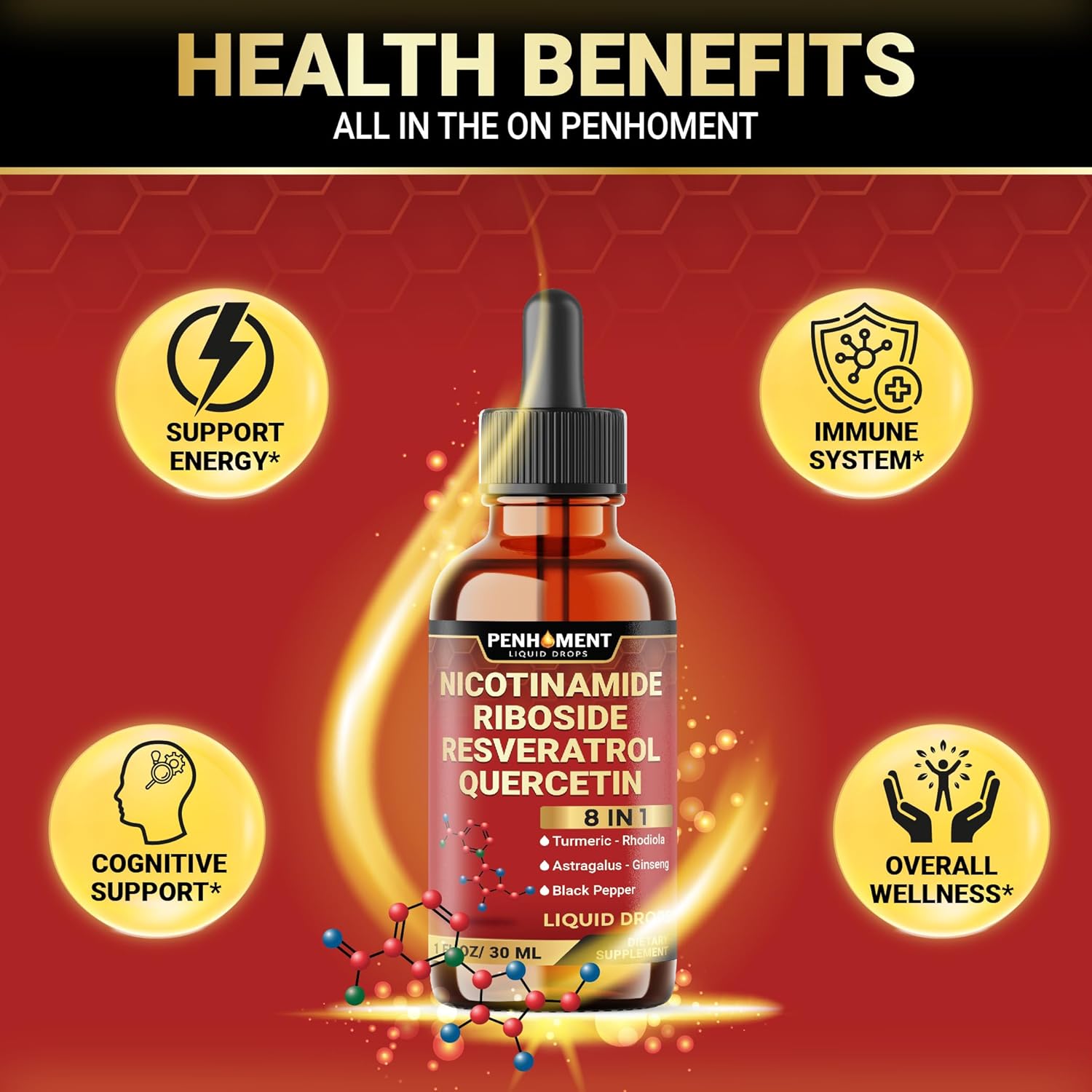 8in1 NAD+ Liquid Drops w/Nicotinamide Riboside NR 900mg, Quercetin 250mg, Trans-resveratrol 250mg and 5 More Herbals - Cellular Energy & Repair, Vitality, Healthy Aging - 2 Month Supply - Image 4