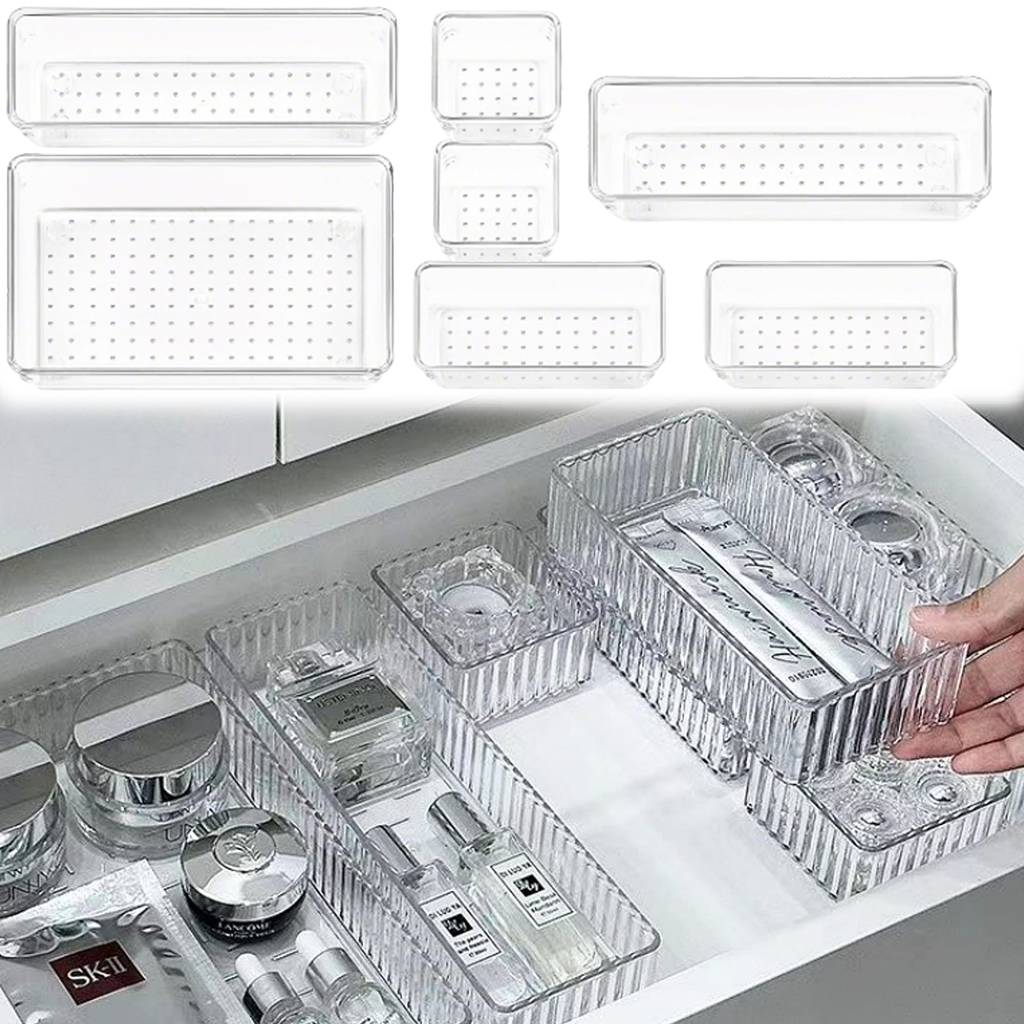 7PCS Cassetti Trasparenti, Ricezione Efficiente, 4 Dimensioni per l'uso del Trucco o Della Scrivania, Vassoi per l'organizzatore del Della Scrivania, Ideale per l'organizzazione Domestica