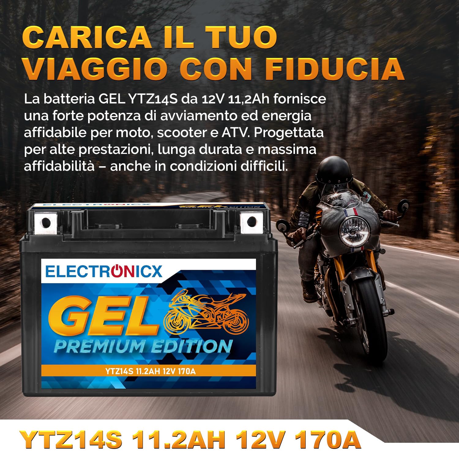 Electronicx YTZ14S GEL Batteria Moto 12V 11,2Ah 170A – Starter sigillato, senza manutenzione – Compatta, resistente a vibrazioni, anti-perdita – per moto, scooter, quad, powersport – pronta all’uso