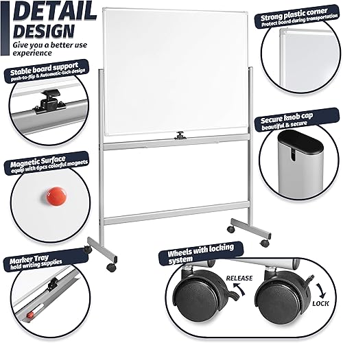 Miniatura 3 de INNOVART Pizarra blanca móvil de 48 x 36 pulgadas, pizarra magnética de borrado en seco de doble cara reversible de 360 con soporte rodante portátil