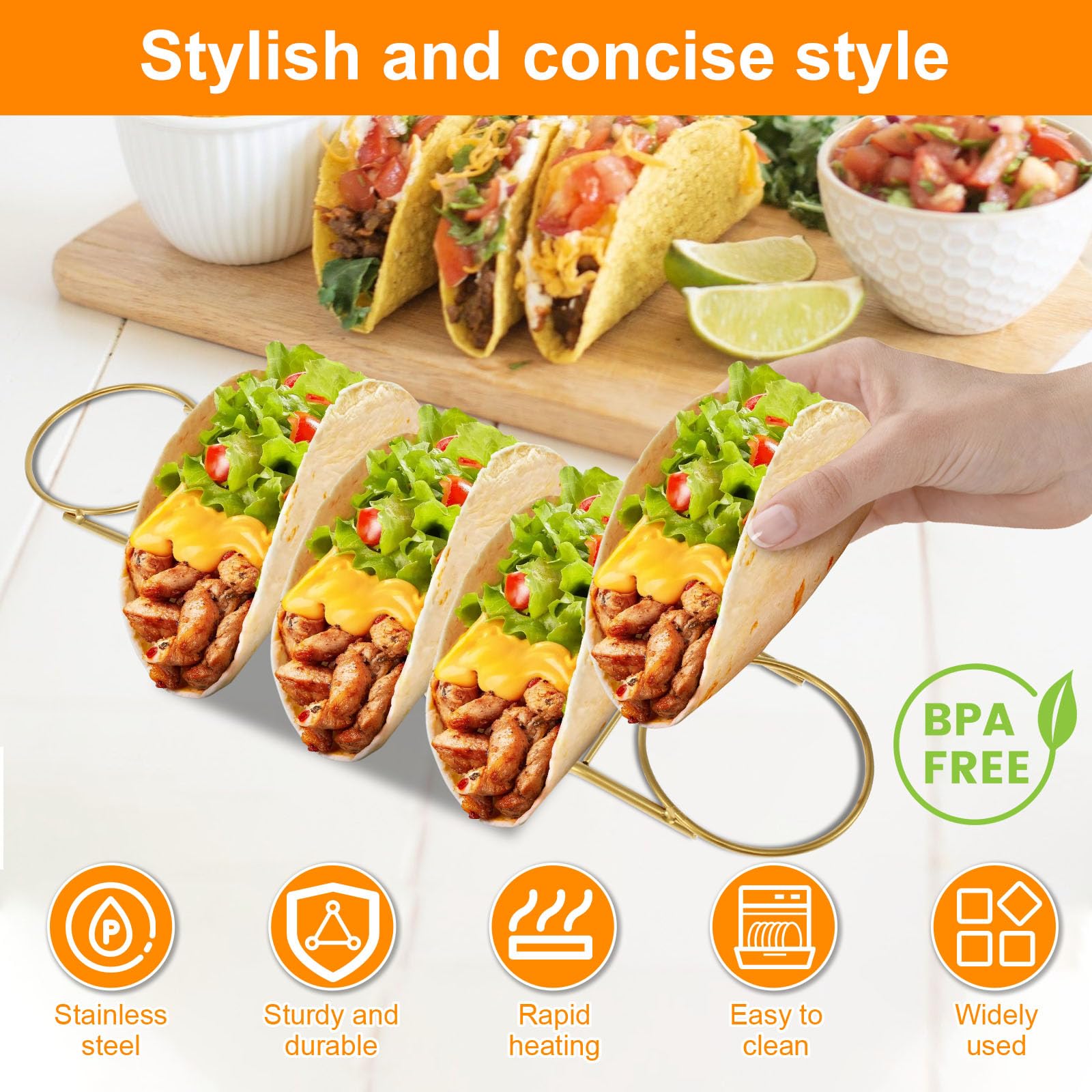 2 Pack Taco Holder, Taco Stand with Spoon & Salad Cup, Stainless Steel Taco Shell Holder, Hold 3 Hard or Soft Shell Taco, Burritos Tortilla Cooling Stand Rack for Kitchen Restaurant Bar(Golden)
