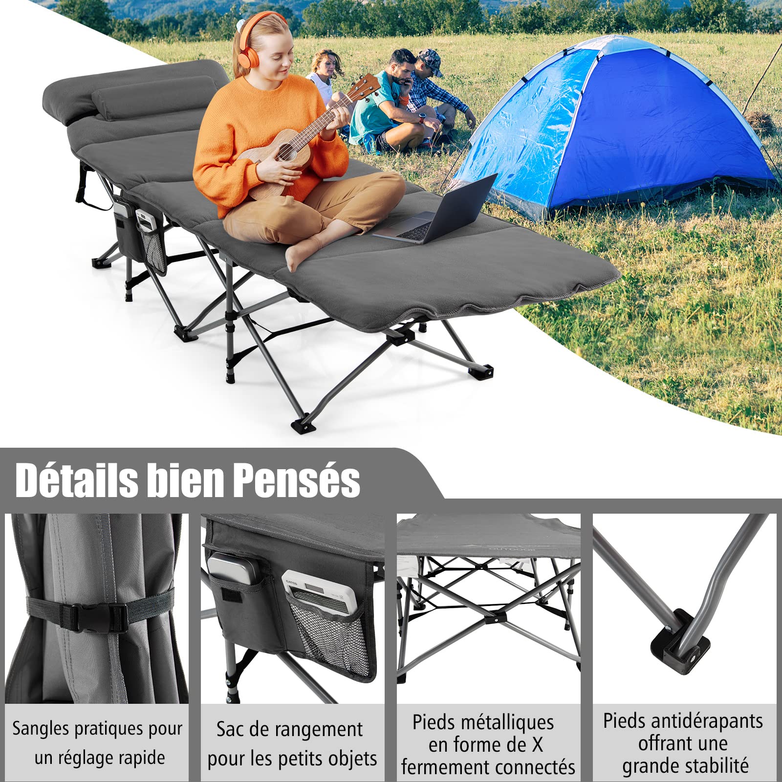 COSTWAY Lit de Camping Pliant de Voyage, Charge Max 150 KG, Lit de Plage avec Sac de Transport et Matelas et Oreiller Amovibles, Lit de Camp Portable pour Adultes, 190 x 67 CM