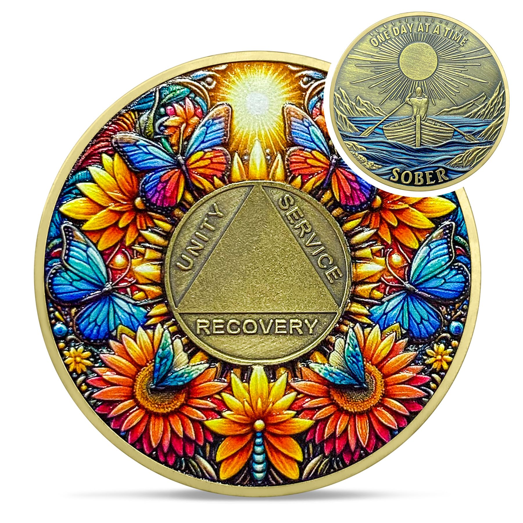 Sunflower Blessing Sobriety Coin - One Day at A Time AA Coins - Recovery Butterfly Addiction NA AA Chips and Medallions - Living Clean Sober Token