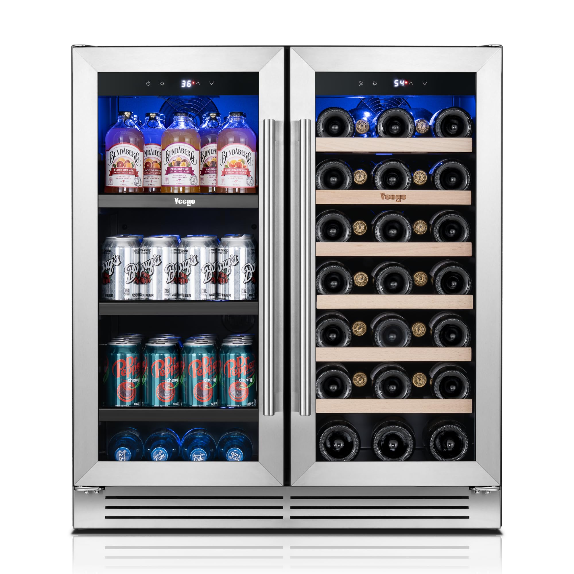 Yeego Wine and Beverage Refrigerator, 30 Inch Dual Zone Wine Fridge with Glass Door, 36-72℉ Beer Cooler Holds 33 Bottles and 80 Cans, Built-In or Freestanding Beverage Cooler for Home Bar Office | Fridge.com