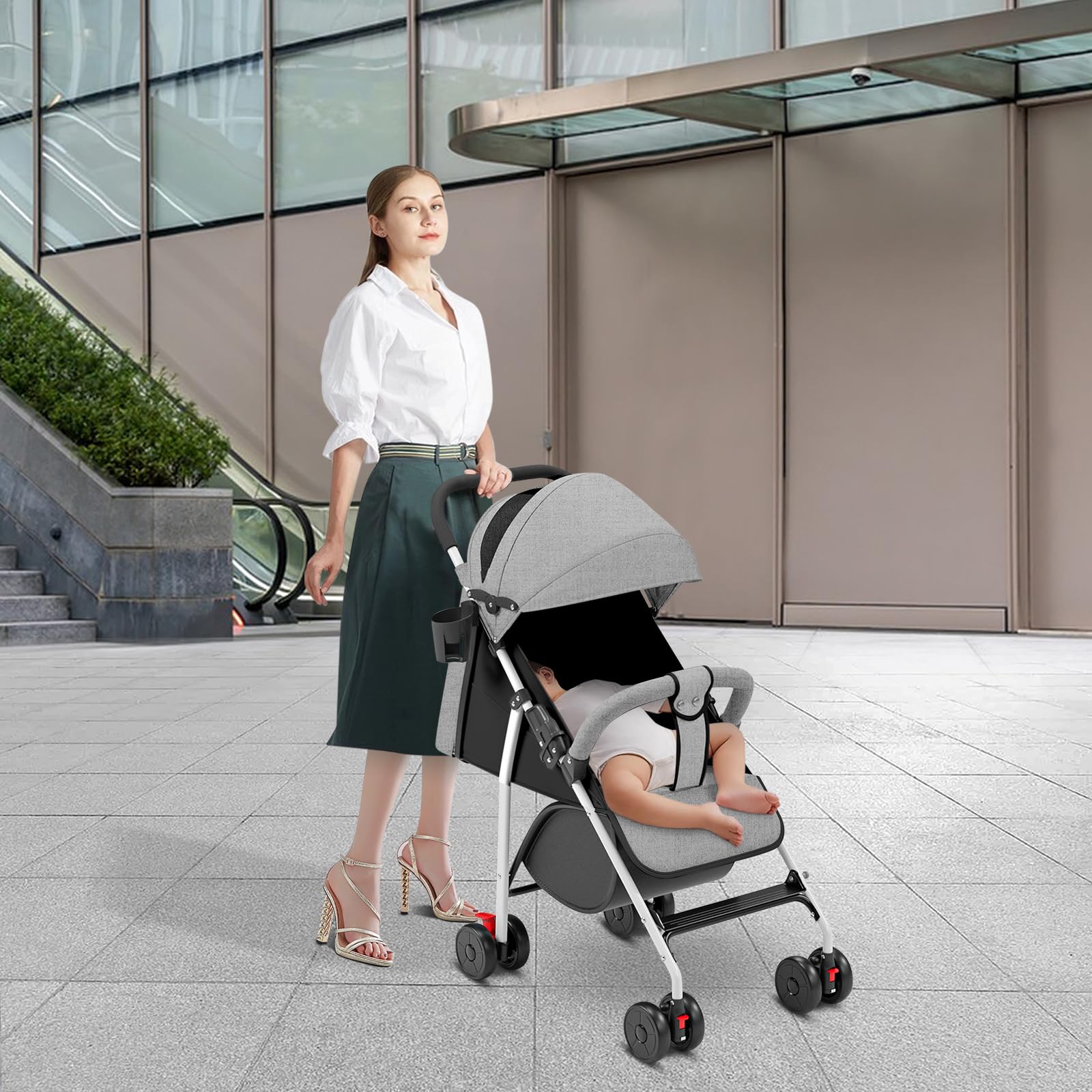 Poussette Canne Multipositions, Compacte et Légère, 0 à 4 ans (22kg max), poussette citadine, Harnais réglables à 5 points, Repose-pieds, Jusqu'à 25 kg,Gris