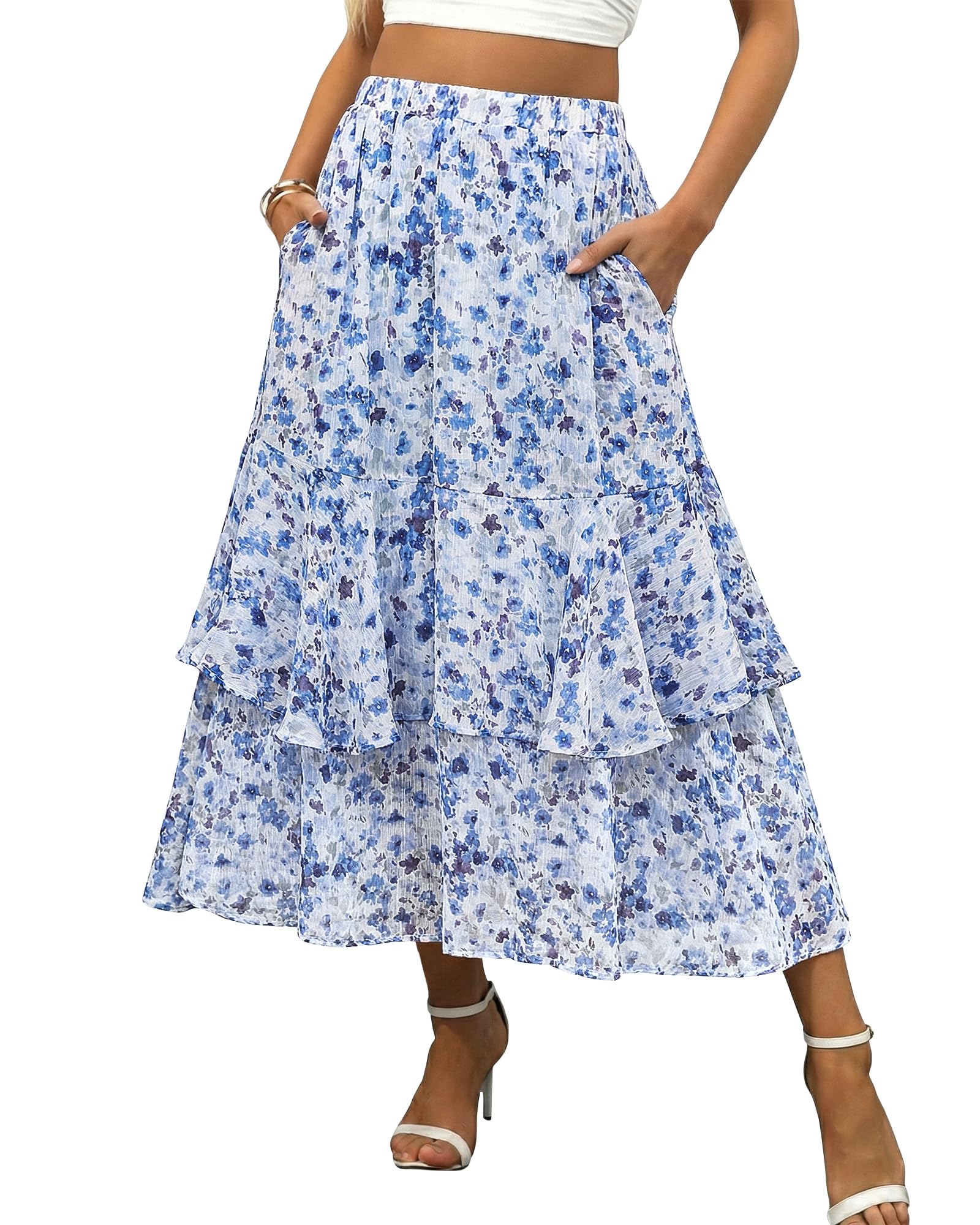 luvamia Long Skirts for Women Floral Flowy Boho Tiered Ruffle A Line Summer Chiffon Elastic Waist Maxi Skirt