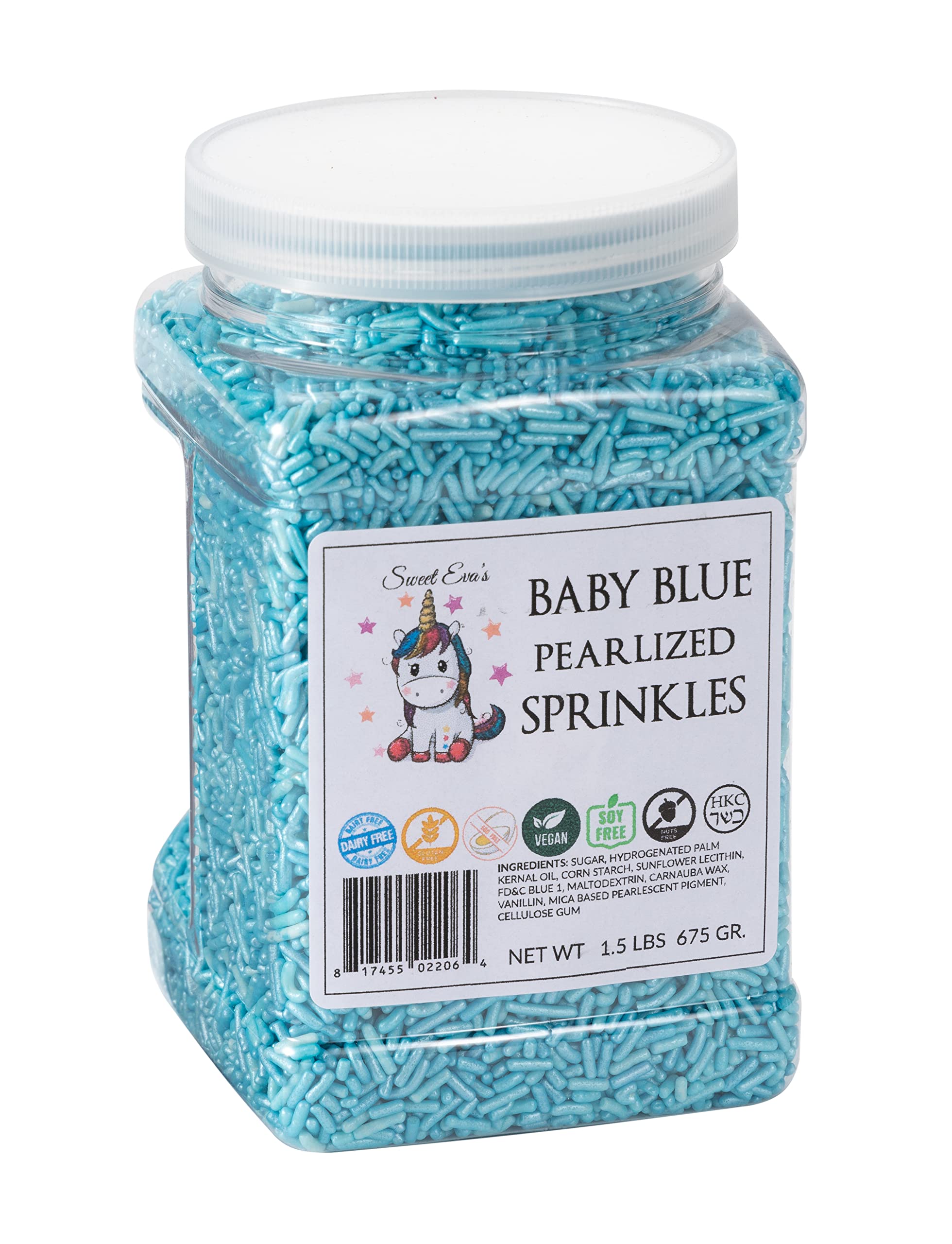 Sweet Eva’s BABY BLUE PEARLIZED SPRINKLES-Cake Decorating Jimmies, Cupcake,Cookies, and Cake Topper, Bulk Candy, Large, 1.5 LBS. Egg Free, Dairy Free, Gluten Free, Vegan, Soy Free, Nuts Free, Kosher