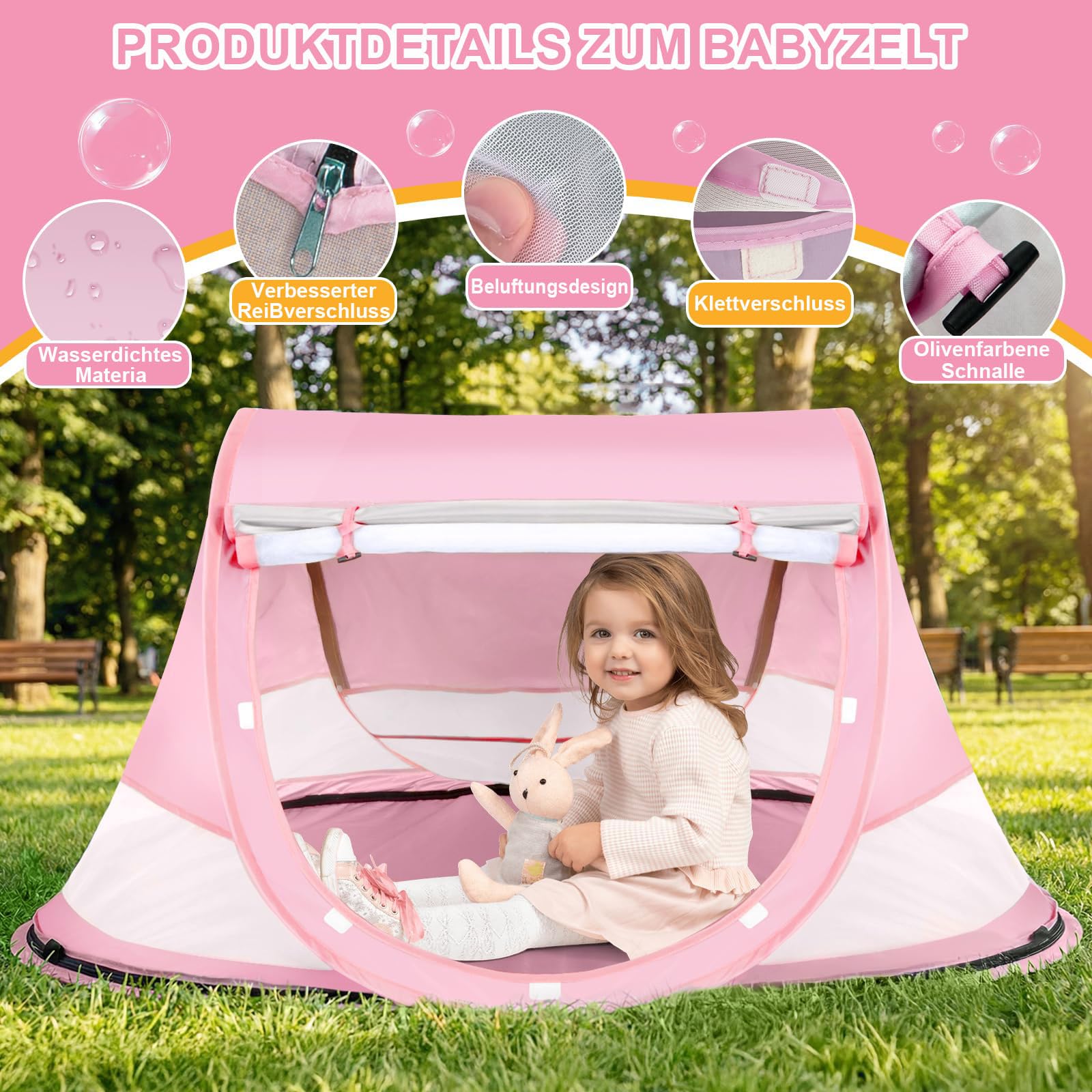 Strandmuschel Baby uv Schutz 50, Pop up Strandzelt als Sonnenschutz für den Strand, 360° Moskitonetz Zelt, Inklusive Tragetasche für Reisen und Camping, Geeignet für Sand und Rasen