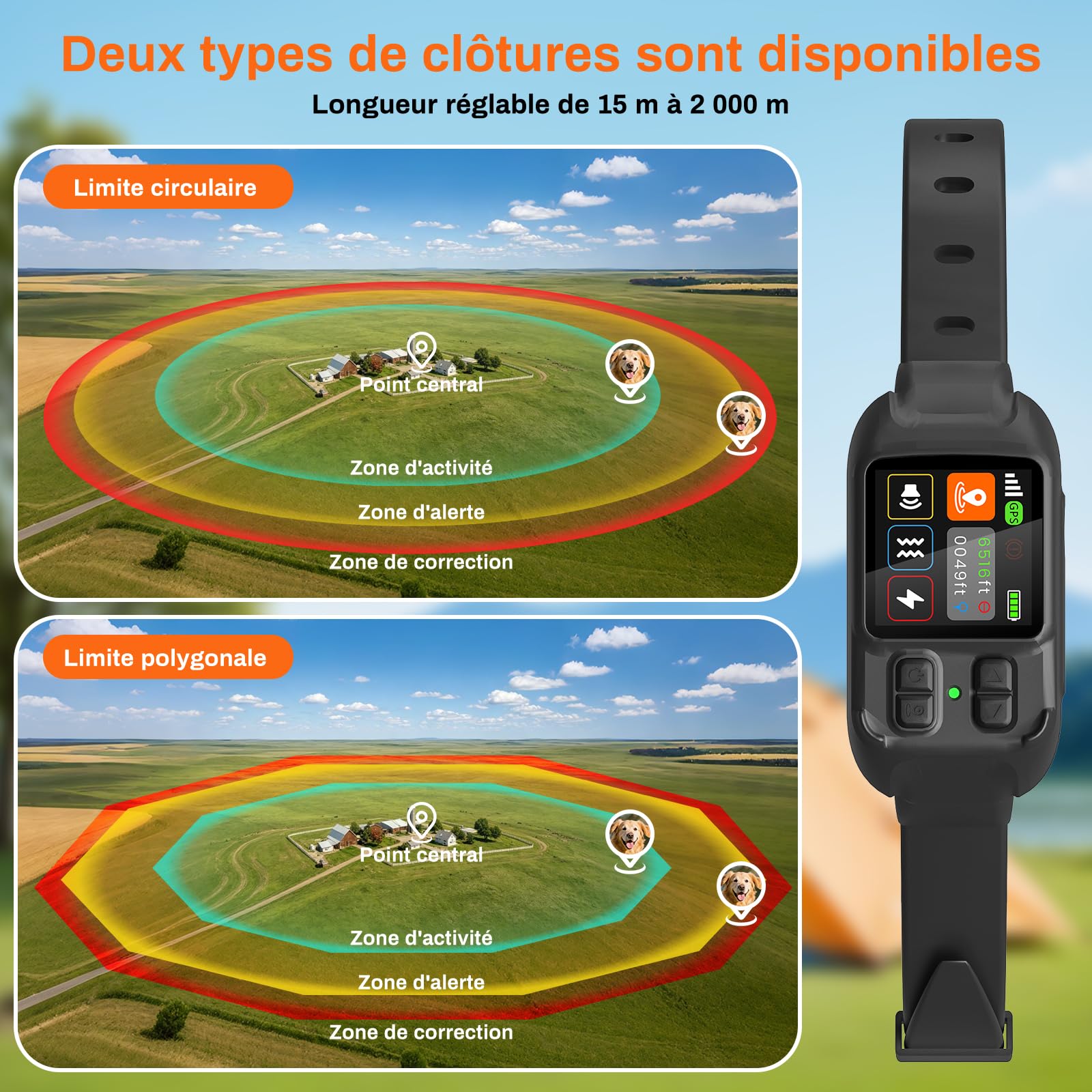Clôture Électrique sans Fil pour Chien, Collier Anti-Fugue GPS Localisation Précise, 3 Modes Bip/Vibration/Choc, IPX7 Étanche, Collier Anti-Fugue sans Fil Jardin Ferme Camping
