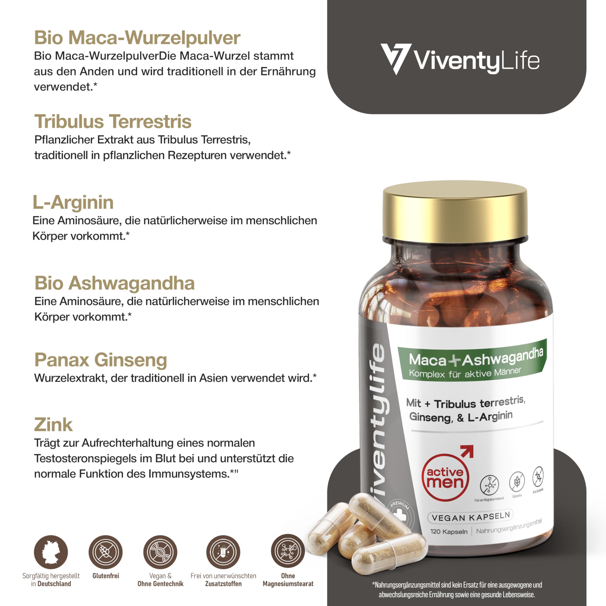 Active Men Maca Komplex für Männer TESTOSTERONSPIEGELS¹ Kapseln mit Ashwagandha, Tribulus, Ginseng, Zink, L-Arginin, Vitamin D & E, 8 Aktive Inhaltsstoffe, 120 Vegan Kapseln
