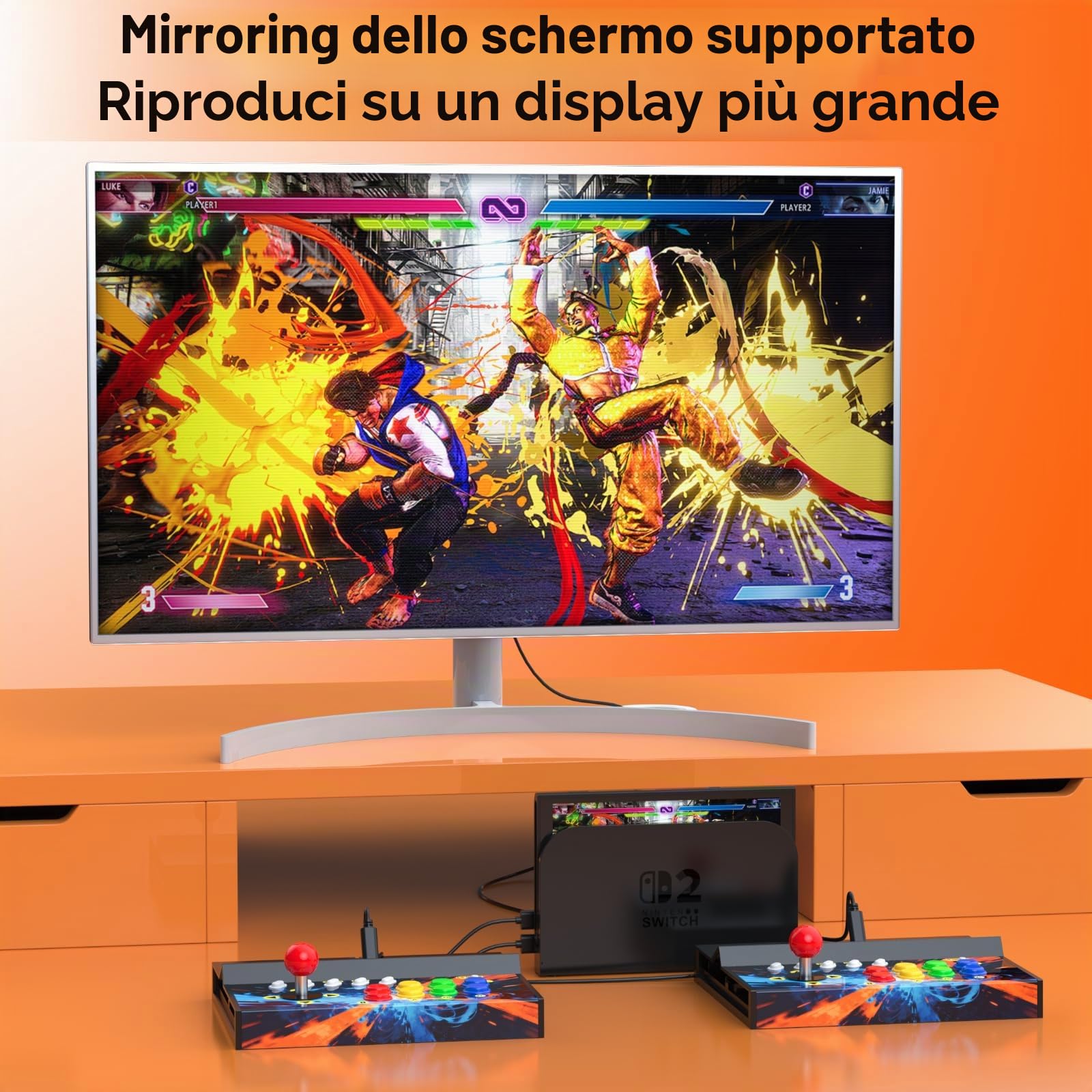 Switch Arcade Stick per Nintendo Switch/OLED/Switch 2, macchine arcade retrò per casa e arcade, supporto per cabinet da gioco Street Fighter - versione screenshot, nessuna voce (schermo non