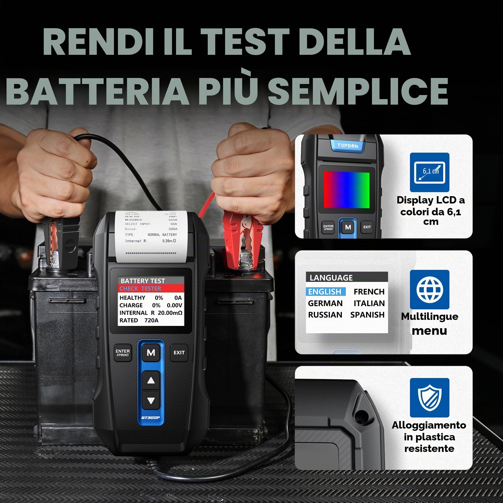 Tester Batteria per AutoTOPDON BT300P, 12V 24V Tester Batteria Con Stampante Analizzatore Professionale Della Batteria Dell'automobile Per Le Batterie 100-2000CCA