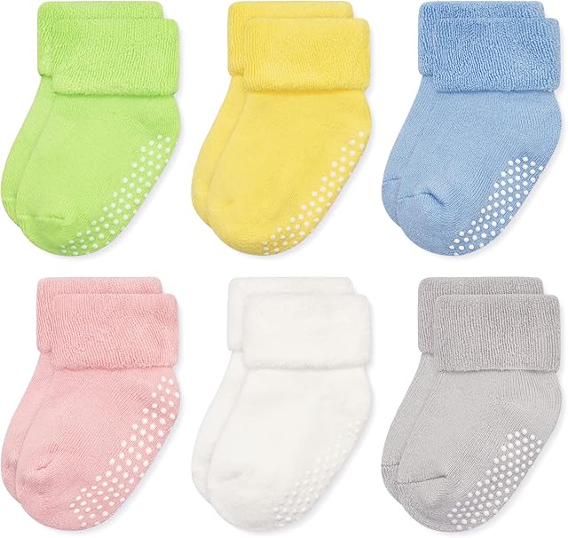 GRPSKCOS Baby Boys Girls Terry Socks with Grippers 6 Pairs Set Thick Ankle Cotton Warm Socks for 0-36 Months Newborn Toddler