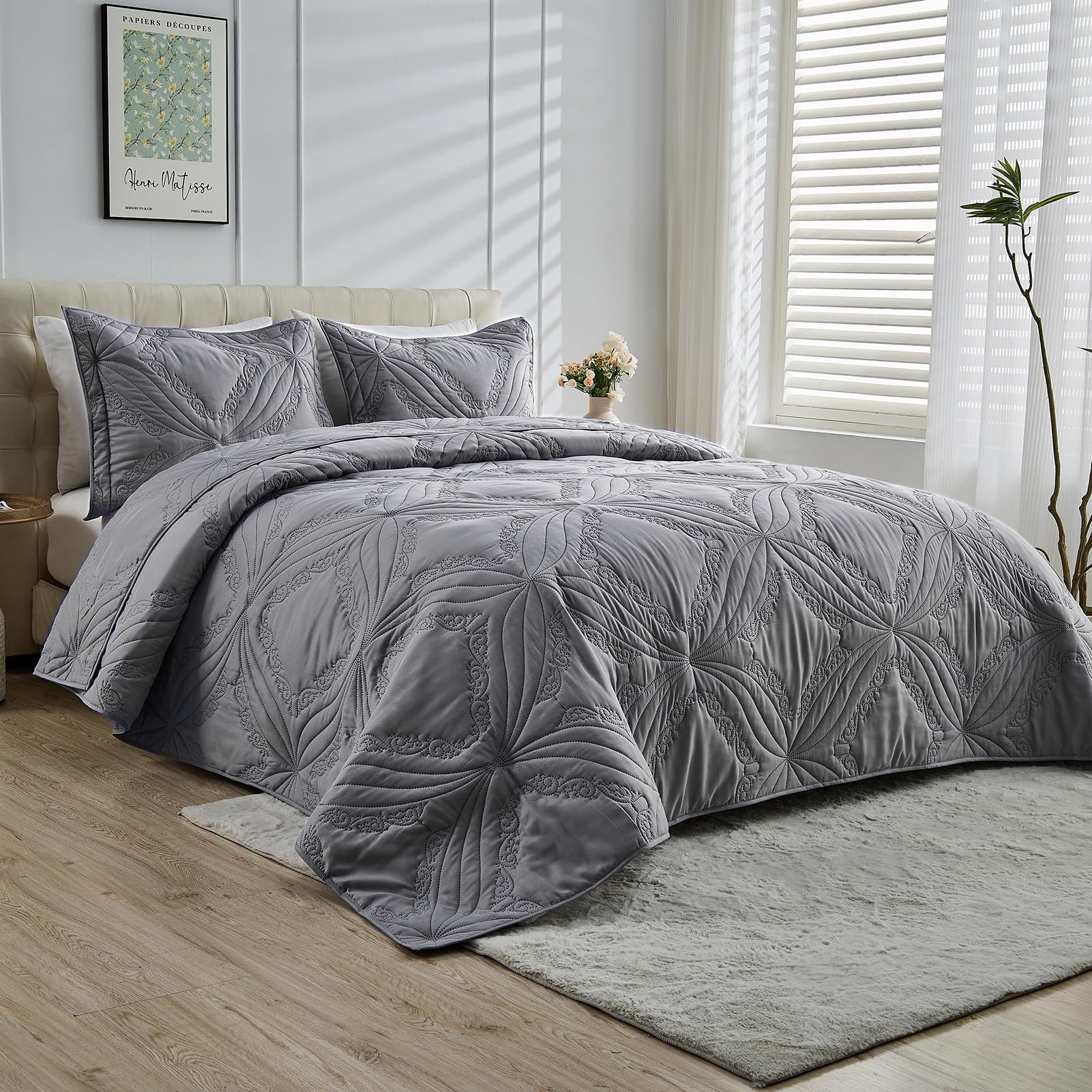 Kingnex Oversized King Bedspreads 128x120 for Tall King or Cal King Bed Ultrasonic Quilted Coverlet Set 3 Piece Include 1 Extra Wide Quilt 2 Pillowcases Grey-image-40