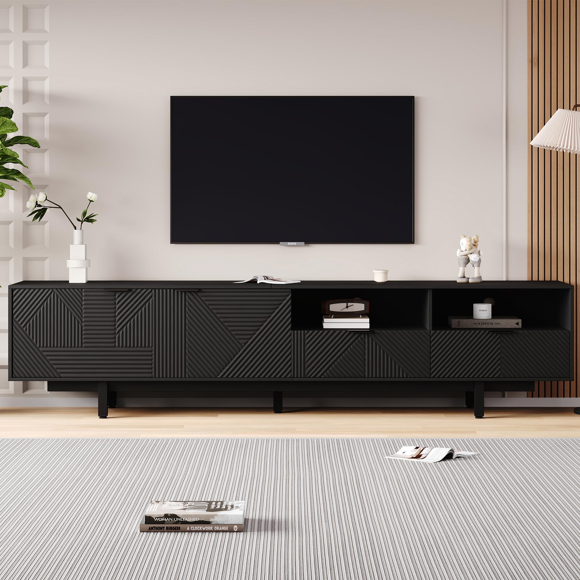 Mueble para TV de 200 cm, Soporte para TV de 90 Pulgadas con Puertas, Cajones y gestión de Cables, Armario Bajo con Espacio de Almacenamiento para Salón Dormitorio, Negro