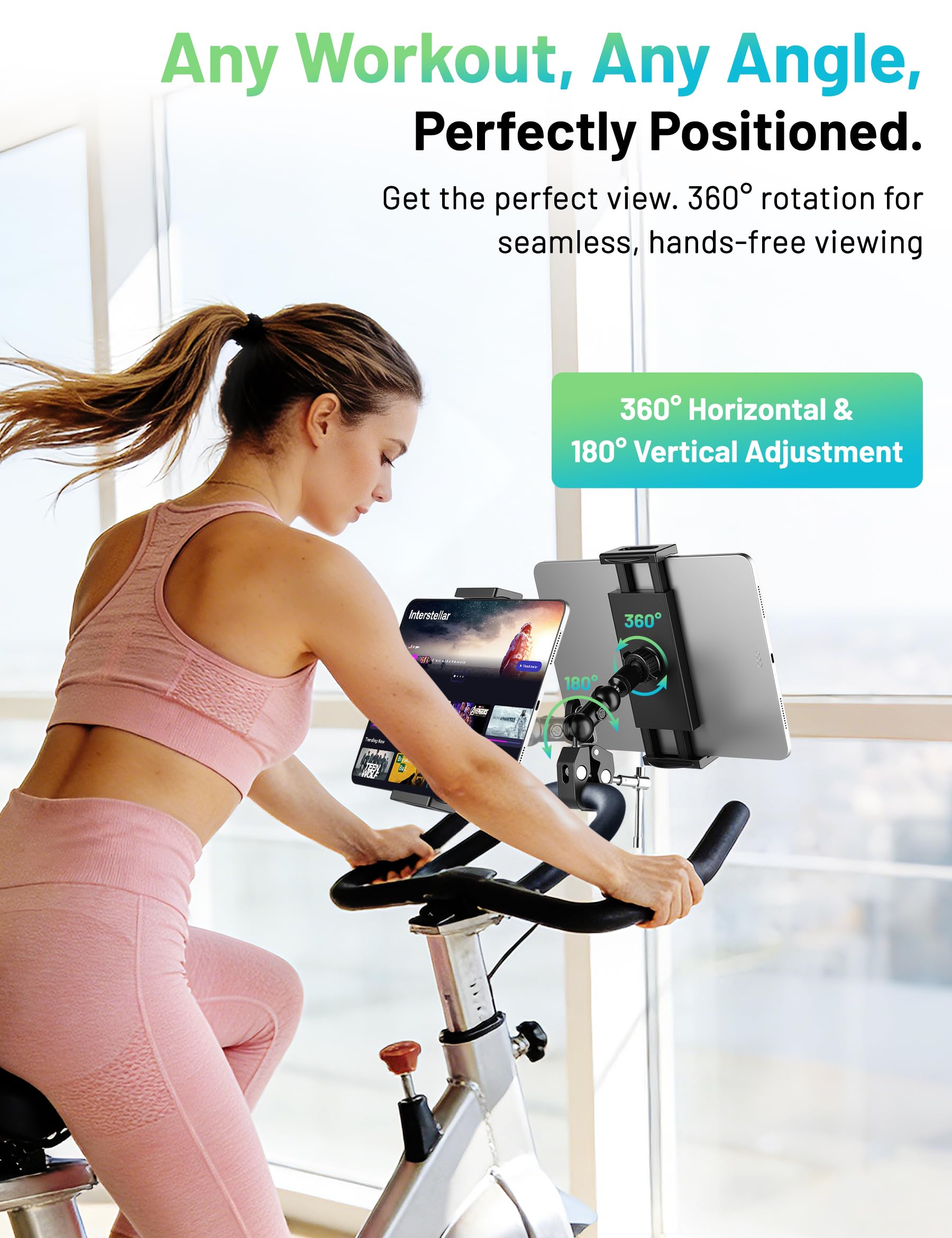 Support de tablette pour tapis roulant, support iPad, vélo d'appartement, support de guidon pour micro, poussette, fauteuil roulant, vélo elliptique, support de tablette pour iPad Pro Galaxy