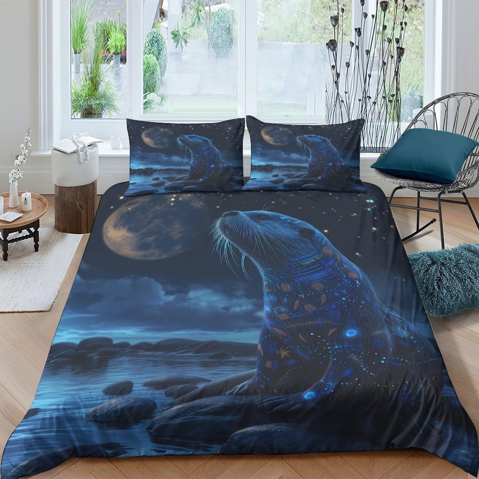 Ctjqhvkz Style-9 3D Printed Moonlit Wolf Fitted Sheet Microfiber Soft Dark Blue Starry Night Mattress Cover Bedroom Decor Protection Single（135X200cm）