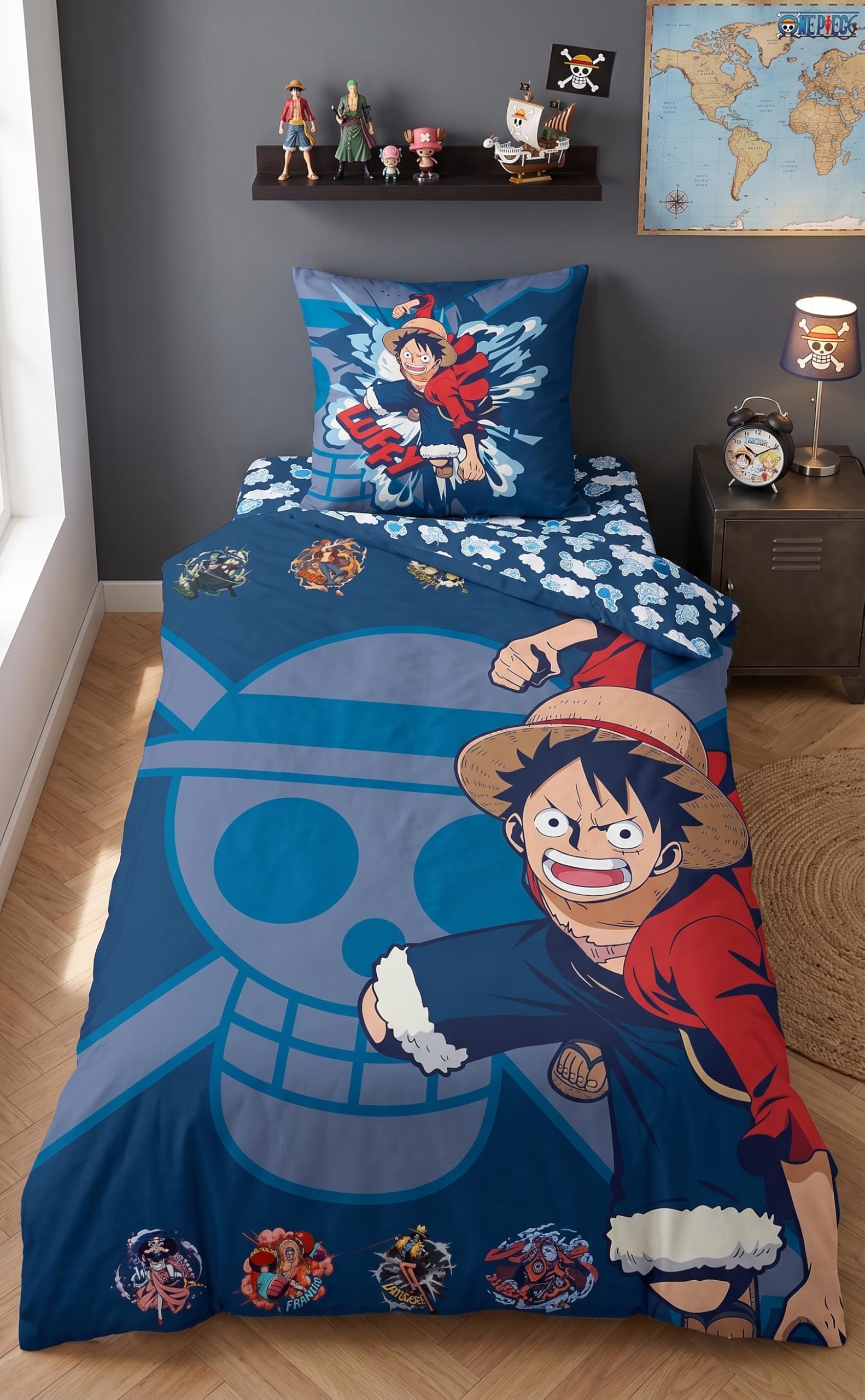 One Piece Juego Cama 3 Piezas Luffy 140x200 + Funda 63x63 + Sábana 90x200 | Microfibra Oeko-Tex | Compatible 90x190-200 | Luffy Jolly Roger | Licencia oficial | Niños 8-16 | Reversible