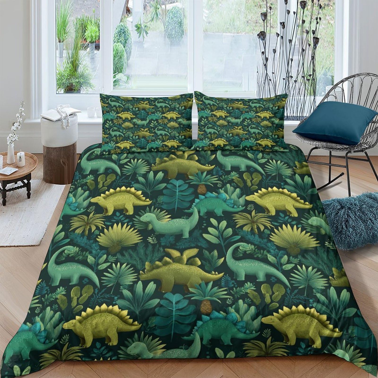 GPLZQXKJNH 3D Printed Dinosaur Jungle Duvet Cover Set Microfiber Soft Breathable Forest Bedding with 2 Pillowcases for Bedroom Decor Single（135x200cm）