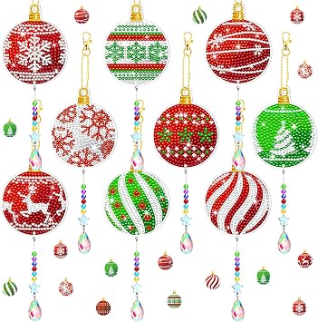 Yuntau 9 Pcs Christmas Diamond Art Wind Chimes Double Sided Christmas Ball Diamond Art Ornaments Snowflake Elk Xmas Tree Red White Green Hanging Wind Chimes for DIY Crafts Home Decor