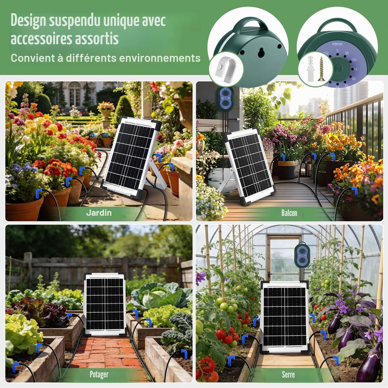 Système d'arrosage automatique solaire 6W, irrigation goutte à goutte programmable pour 30 plantes, pompe submersible 800ml/min, batterie 2200mAh, jardin balcon terrasse serre – IP65 étanche
