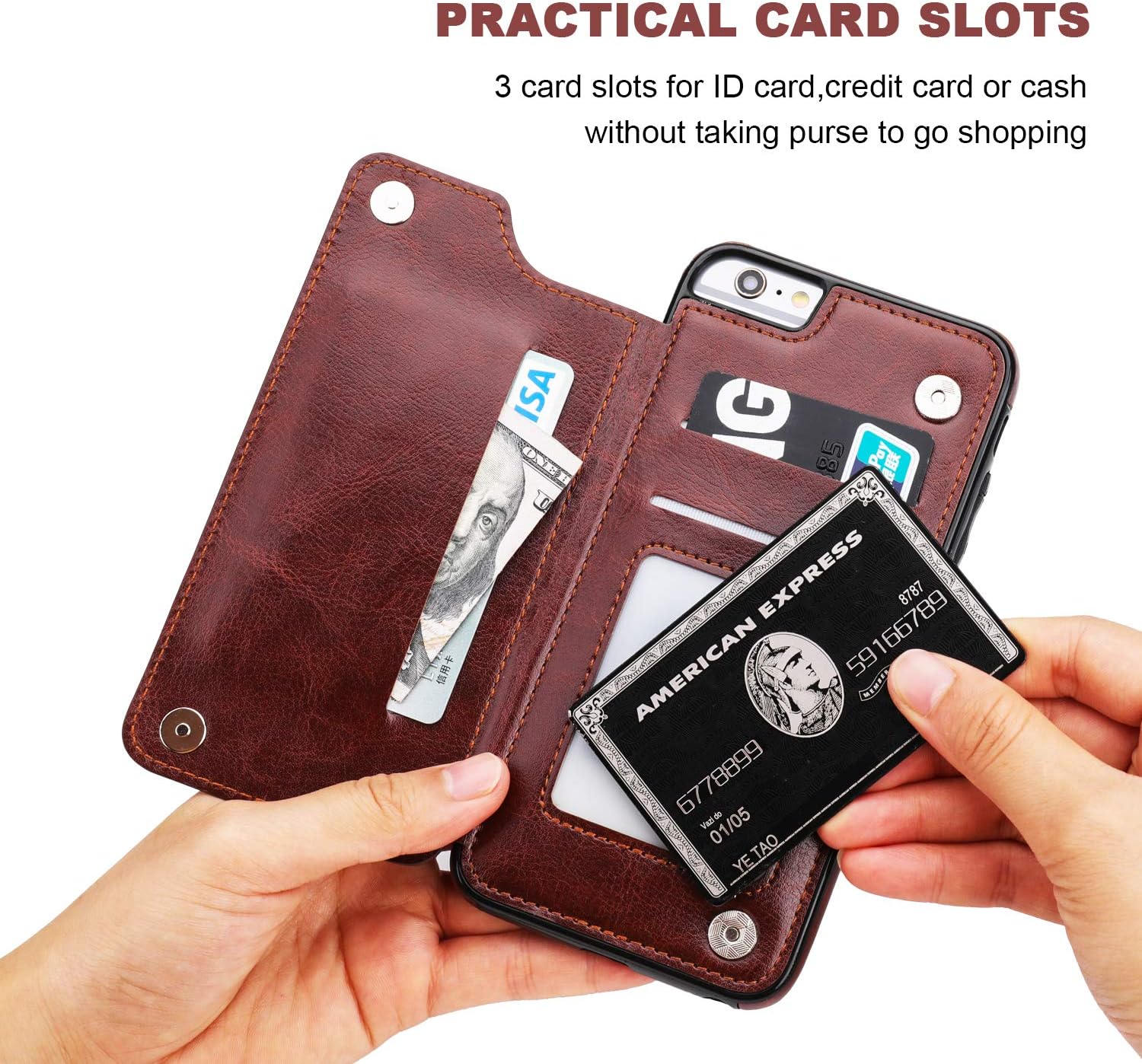 iPhone 6s Plus iPhone 6 Plus Wallet Case with Card Holder,OT ONETOP Premium PU Leather Kickstand Card Slots Case,Double Magnetic Clasp and Durable Shockproof Cover 5.5 Inch(Brown)