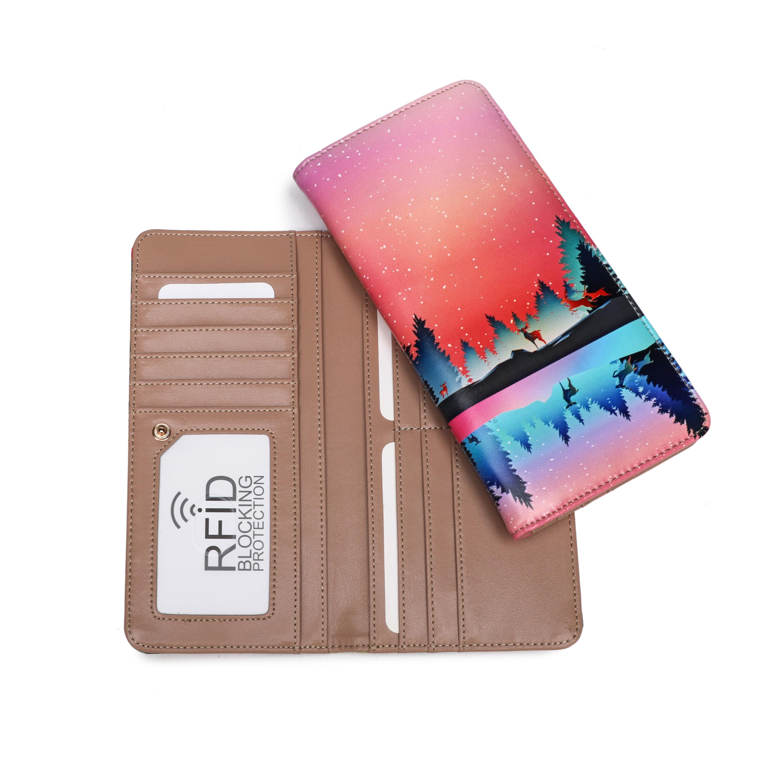 ANFUMAN Rfid Slim Wallet for Womens Thin Card Holder Travel Wallet Bifold Clutch Long Ladies Billfold Aurora Elk
