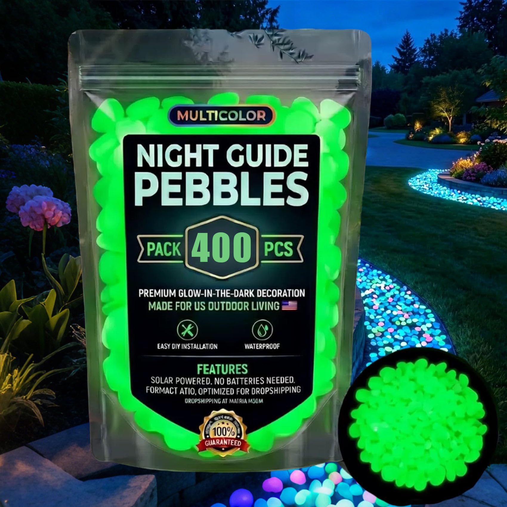 Colorful Glow-in-the-Dark Garden Stones, Luminous Pebbles for Patio, Backyard & Fish Tank Décor, Harmless to Kids and Pets, Eco Friendly Outdoor & Indoor Landscaping Decoration (Green*400)