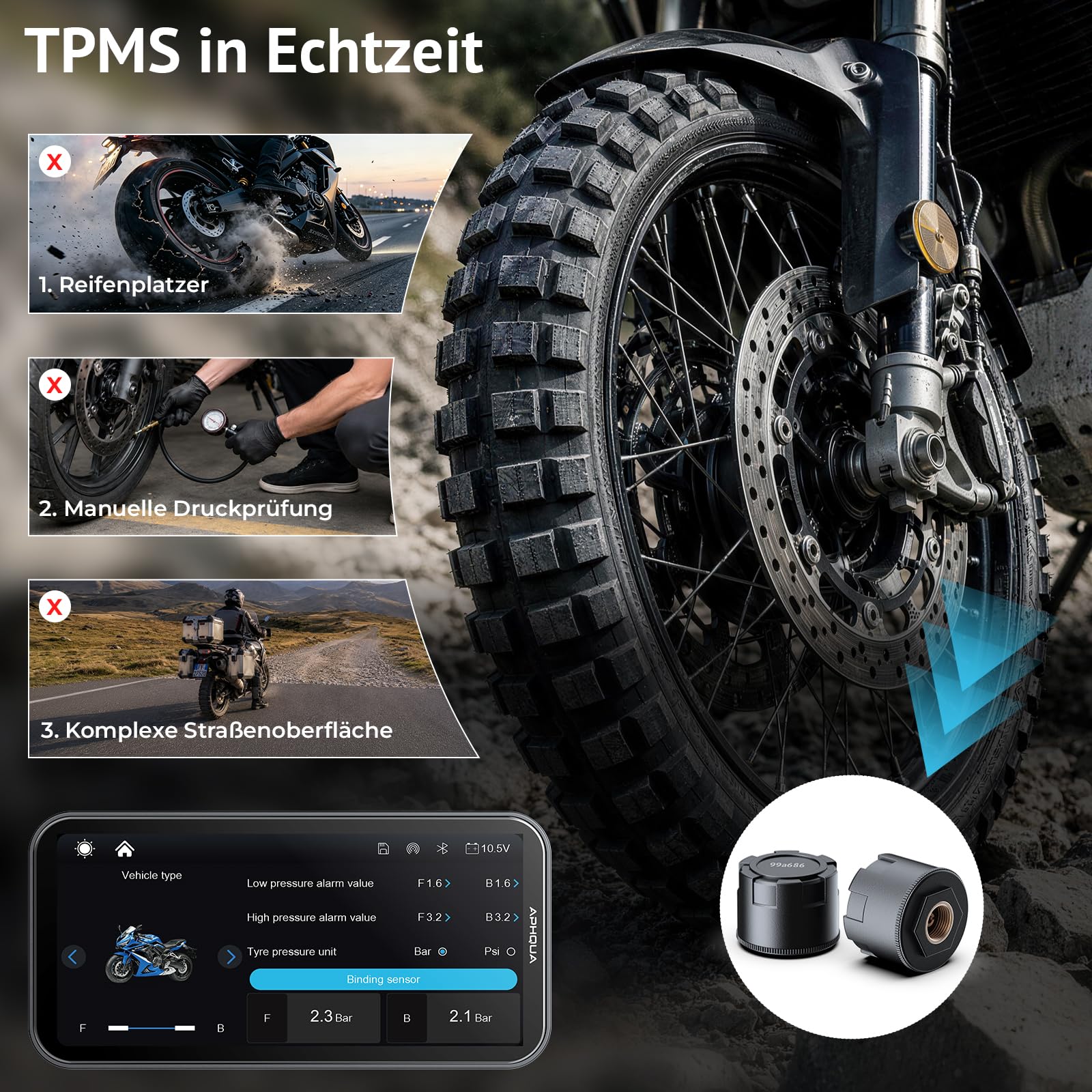 Motorrad CarPlay Display 6.25 Zoll, IP67 Wasserdicht, TPMS, USB/Acc | kabelloses CarPlay und Android Auto, (TPMS), Dual-Bluetooth, GPS, USB/Acc-Stromversorgung