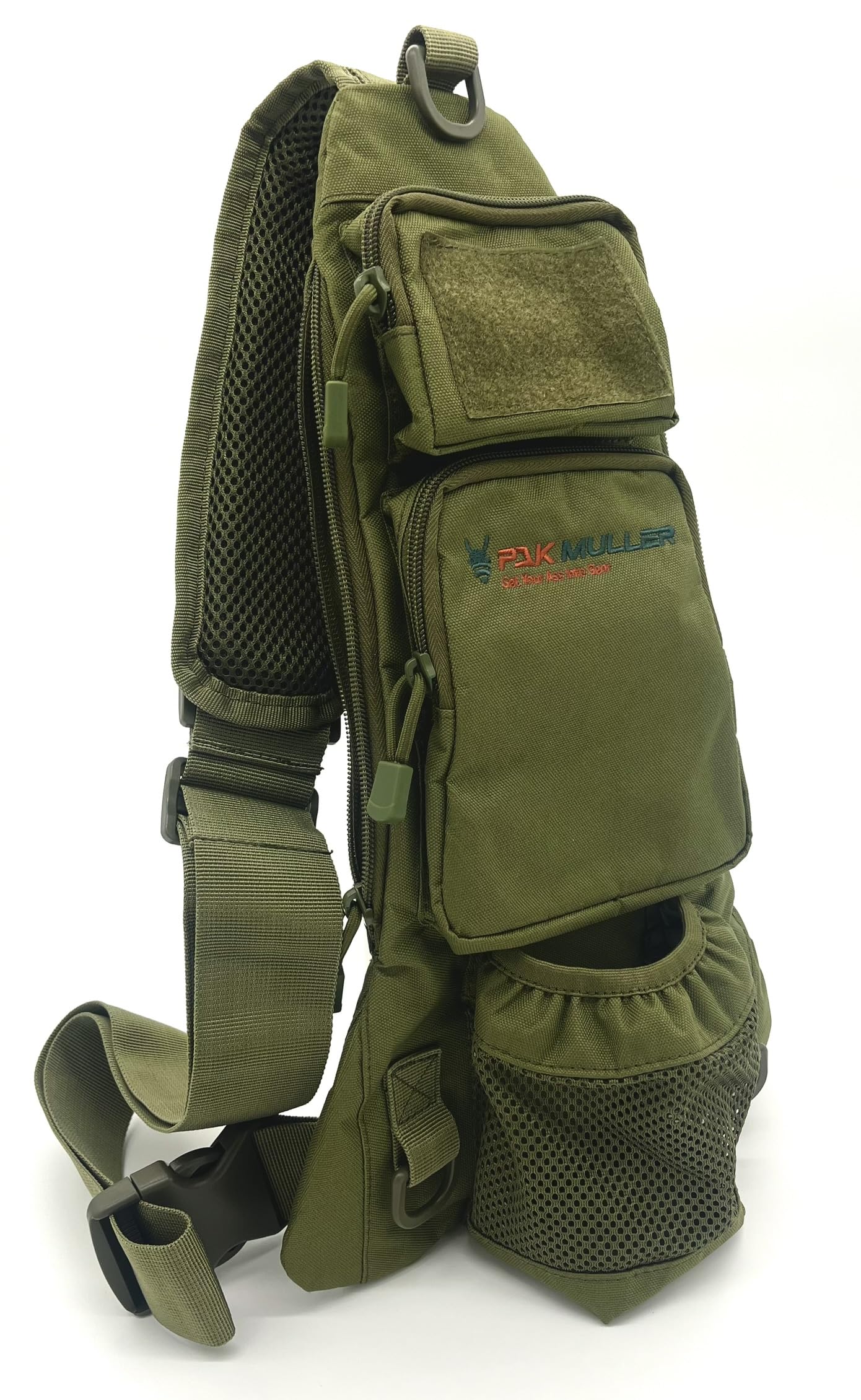 Pak Muller Crossbody Sling Bag Water Bottle Holder, RFID Back Pocket, Travel, Hiking, Everyday Go Bag, Chest Bag, Unisex, Slim Profile, Mid-Size (