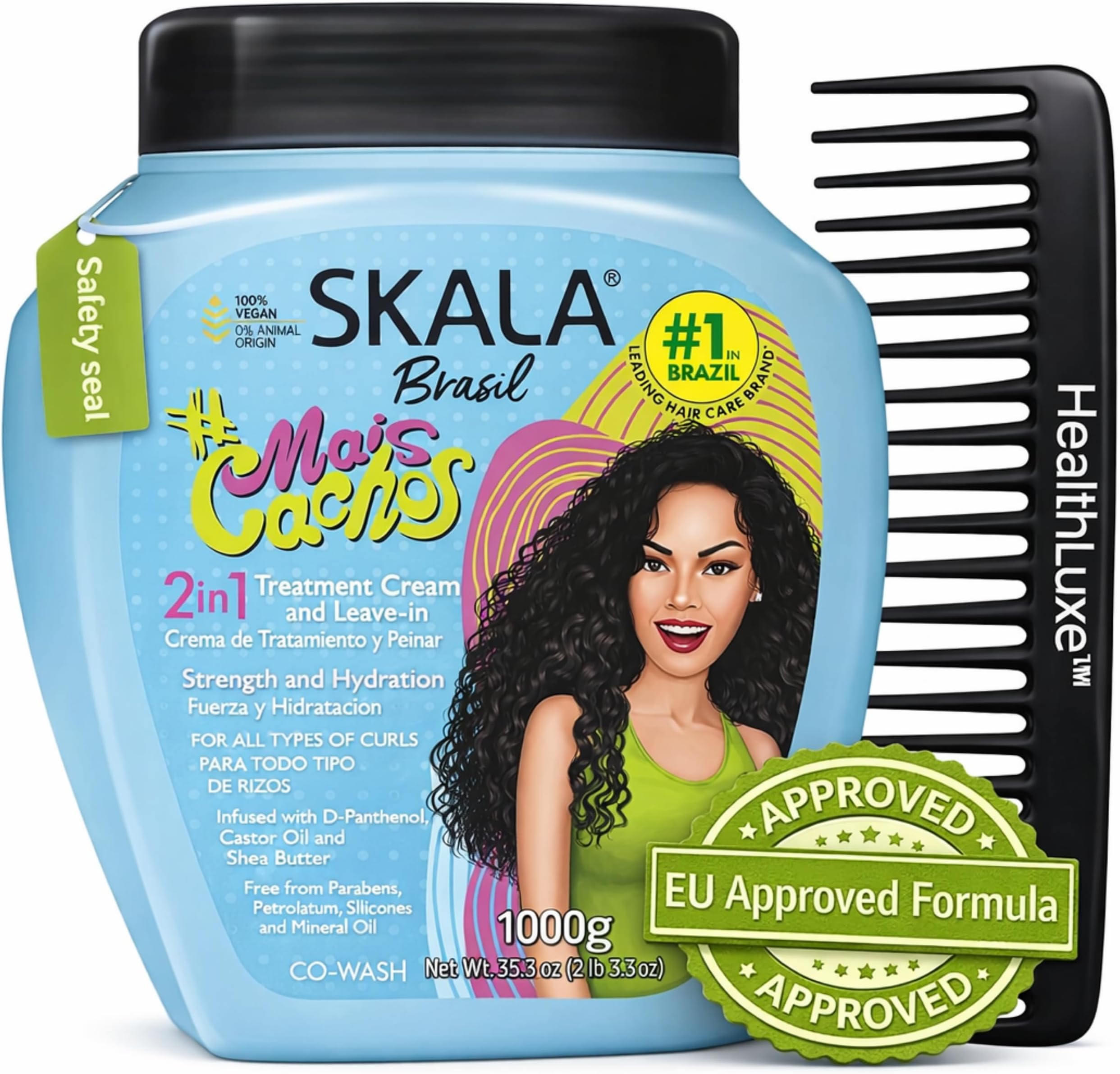 SKALA Mais Cachos Curly Hair Treatment 3ABC - Anti-Frizz, 2-in-1 Conditioning & Detangling Cream, Vegan, 1kg with Wide Tooth Hair Comb - Moisturising, Hydrating, Curl Defining, Sulfate/Silicone Free