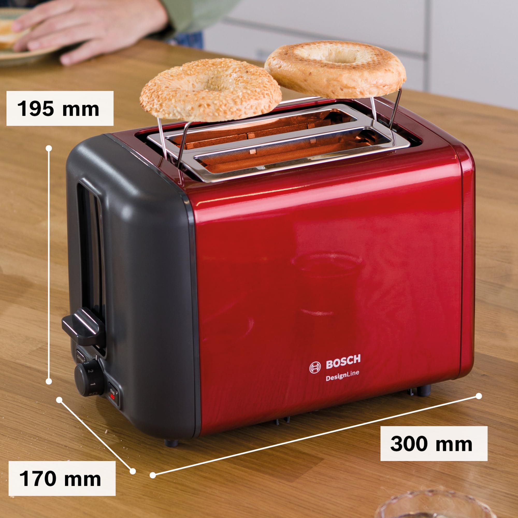 Bosch Toaster TAT3P424DE DesignLine, 2-Scheiben Toaster mit integriertem Brötchenaufsatz, Auftaufunktion & Aufwärmfunktion, Automatische Brotzentrierung, High-Lift, 970W, Rot