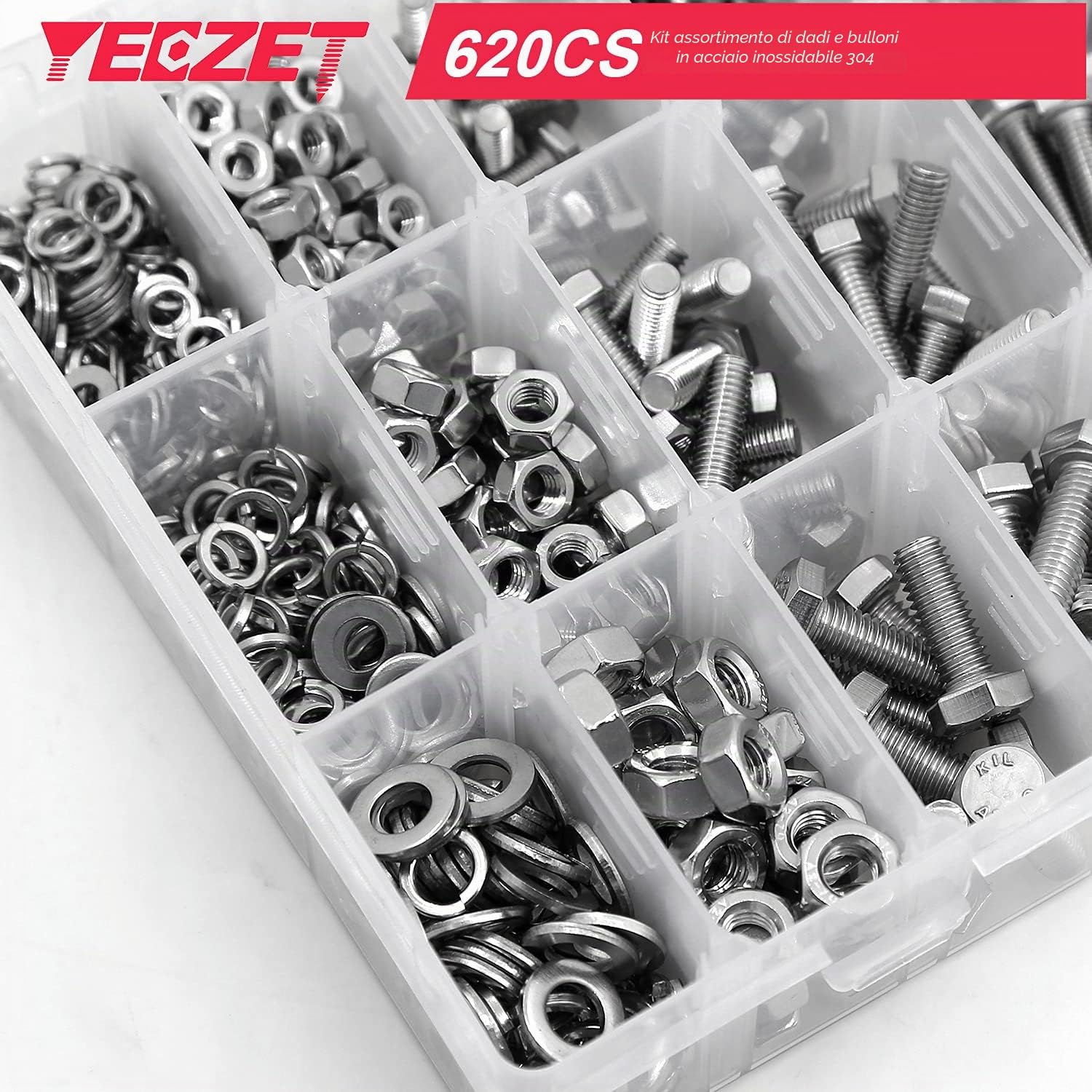 Set di 620 bulloni e dadi robusti M4, M5 e M6, in acciaio inox 304, include 13 misure più comuni