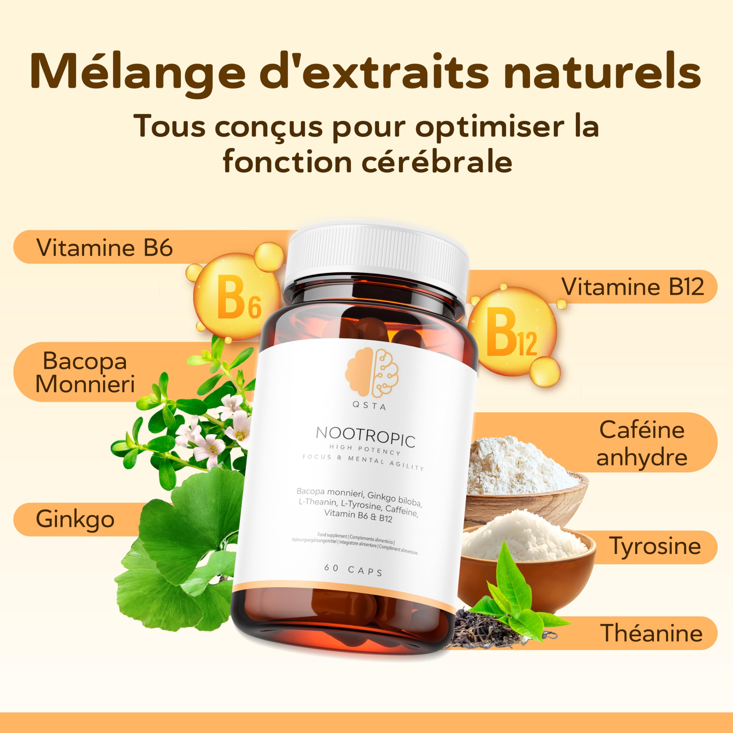 Nootropic – Formule Avancée pour le Soutien Cognitif avec Bacopa, Ginkgo, Tyrosine, Théanine, Caféine, B6 & B12