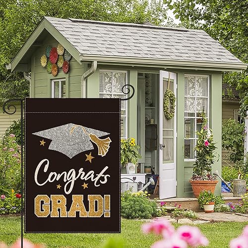 Miniatura 2 de AVOIN colorlife Bandera de jardín de doble cara con texto en inglés "Congrats Grad", decoración de patio de graduación de clase 2023, 12 x 18