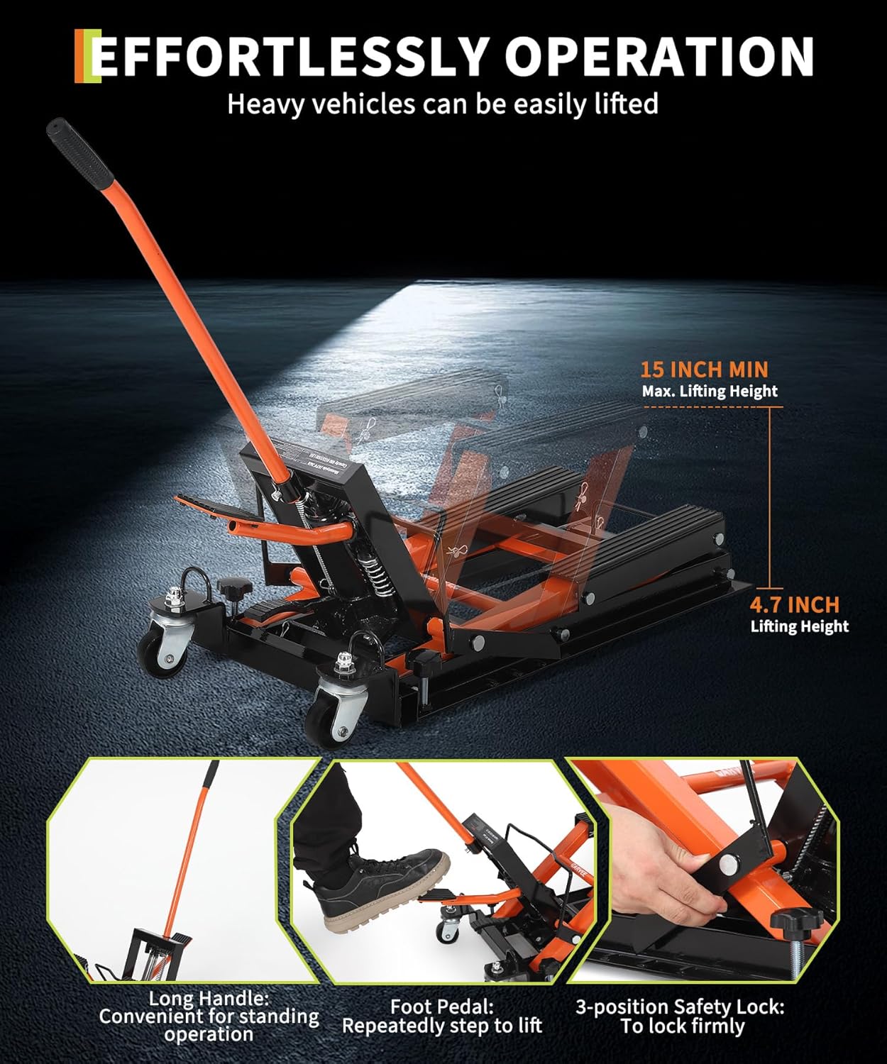 Hydraulic Motorcycle Lift Jack 1500Lb Capacity ATV Scissor Jack with 4.53-15.3in Height Adjustment, Garage Lift with Non-Slip Platform for ATVs, UTVs, Motorcycle