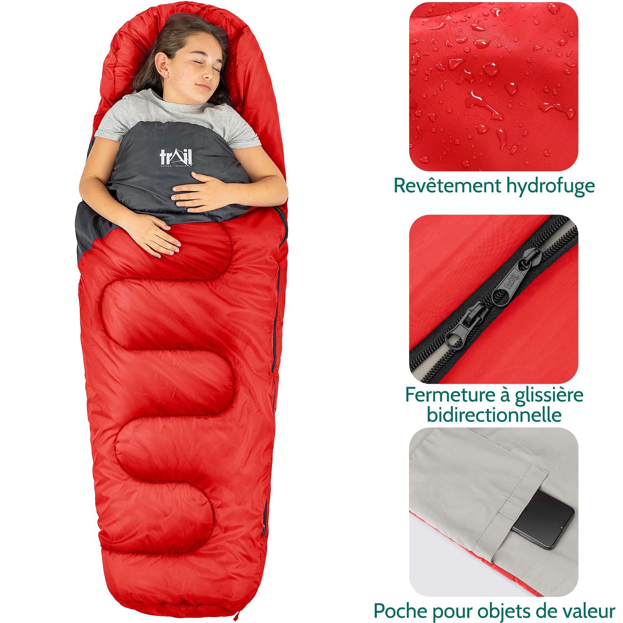 Trail Sac de Couchage Momie Enfant – Sac Couchage Enfant de Camping, Fille ou Garçon, 300 GSM pour 3 Saisons – Duvet Enfant avec Sac à Dos Léger