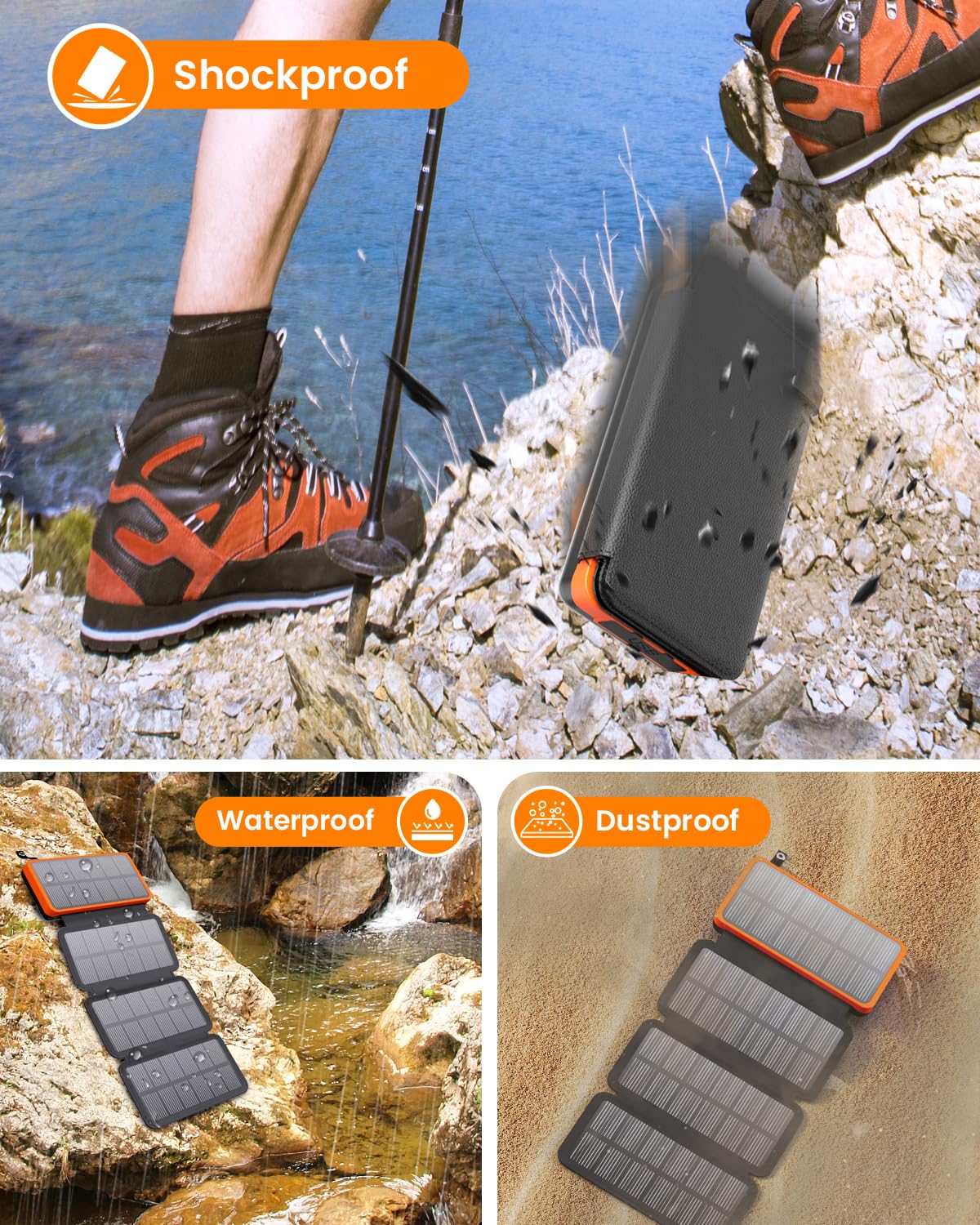 FEELLE Chargeur Solaire 25000mAh, Solaire Batterie Externe avec Double Sortie USB 3,0A et 4 Panneaux Solaires Pliables Chargeur Portable pour Smartphone, Tablette, Camping et Plus (Orange)