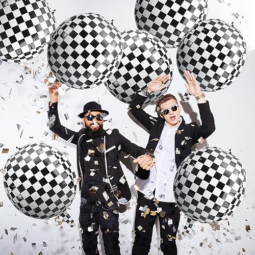 Miniatura 4 de 14 globos de aluminio a cuadros de 22 pulgadas, globos de tablero de ajedrez blanco y negro, globos de cumpleaños con cinta negra para decoración de