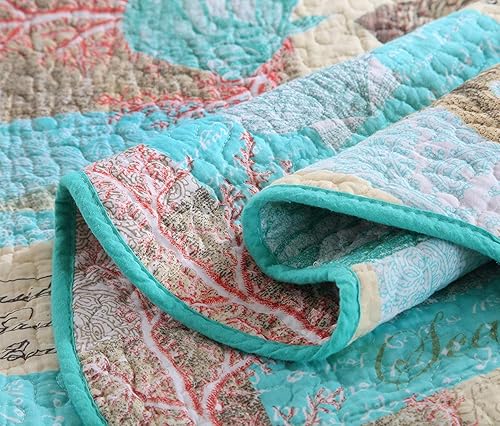 Miniatura 4 de YAYIDAY Juego de colcha de algodón con temática marina, manta de cama transpirable, colcha acolchada floral con fundas, estampado de concha de coral