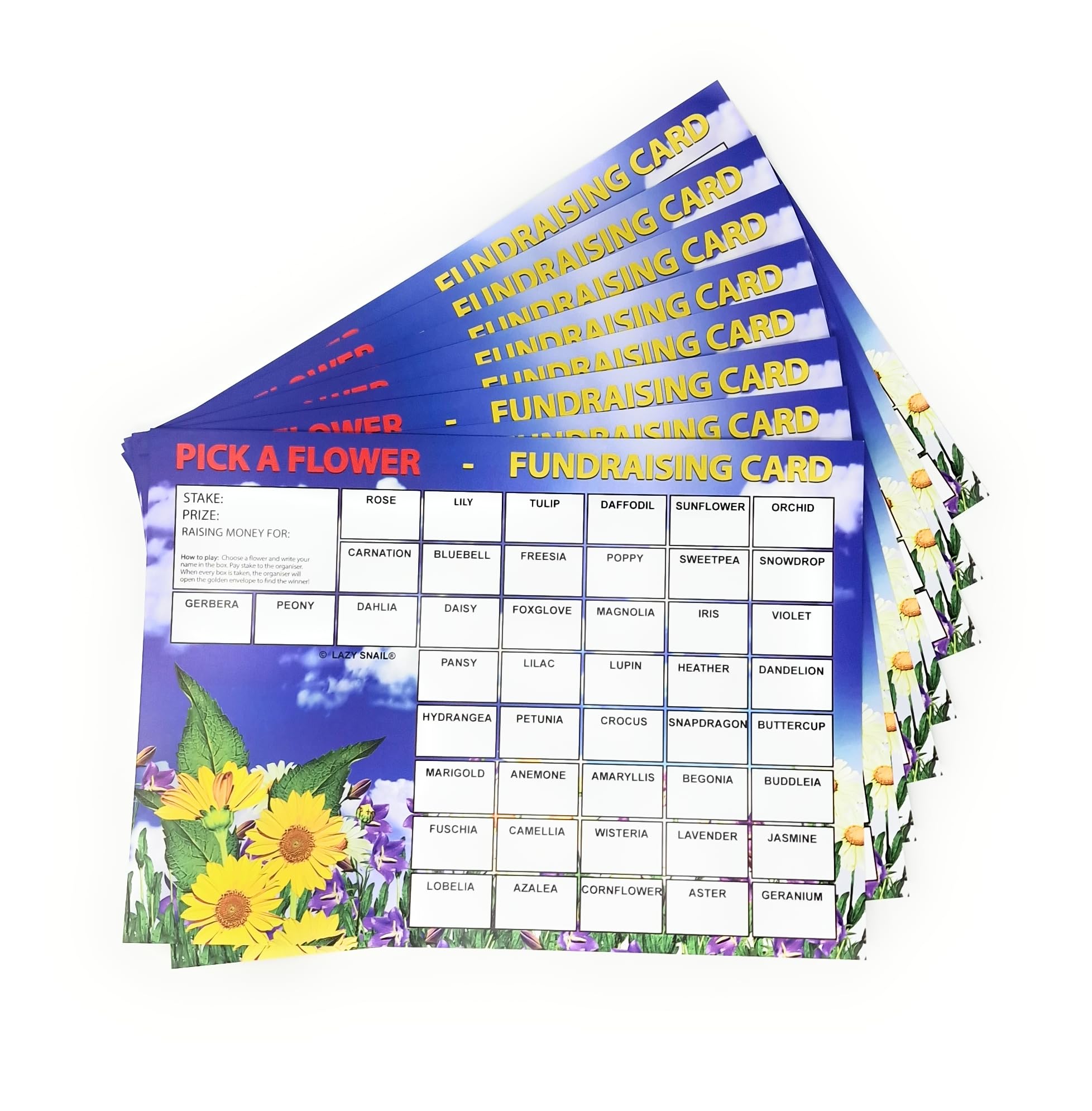 Lazy Snail ‘Pick a Flower’ Fundraising Cards, Pack of 8 (45 Squares per Card), Fun Golden Winner Envelopes - Image 3