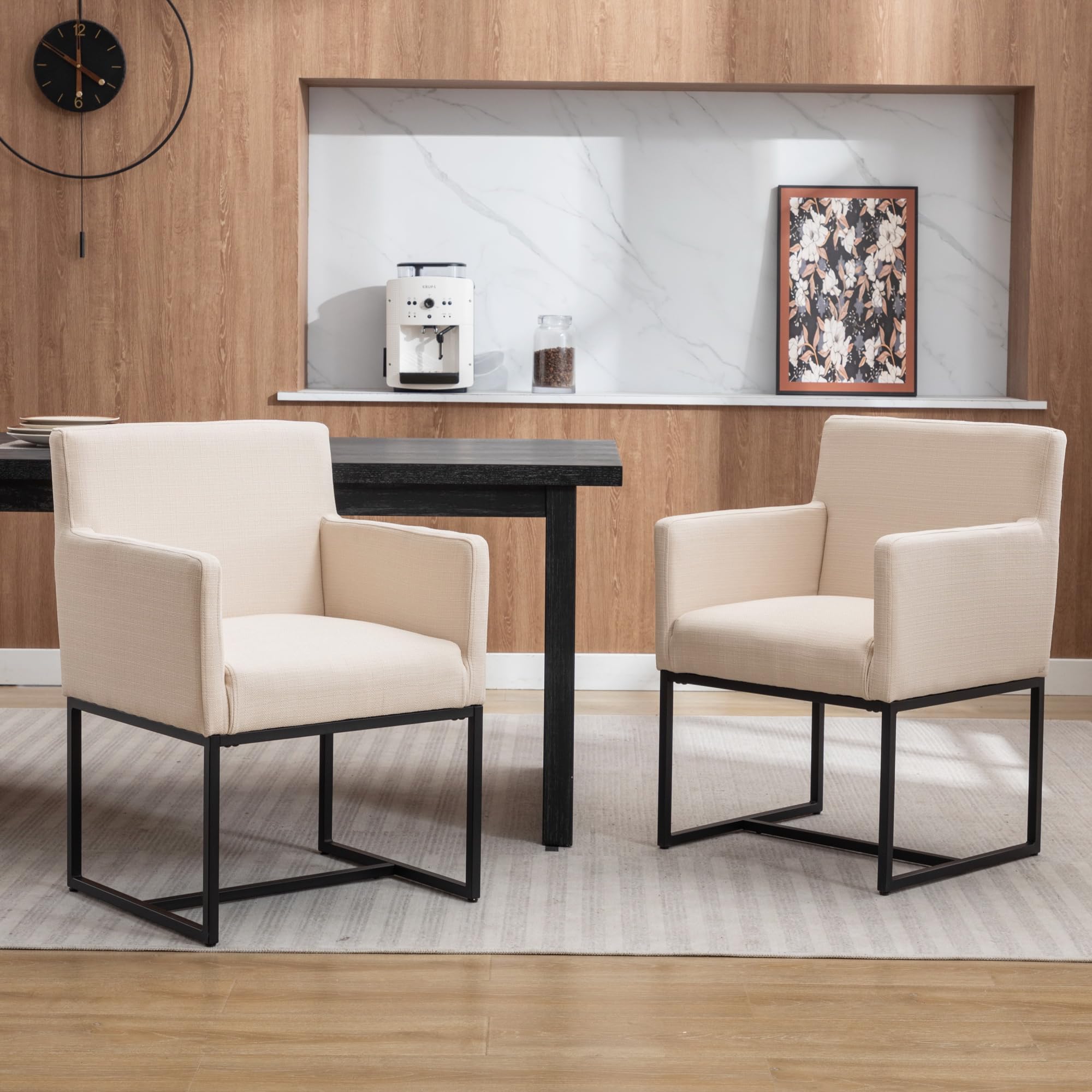 BESTANO Linen Upholstered Dining Chairs with Arms Set of 2, Mid Century Modern Kitchen Chairs with Black Metal Frame Accent Armchairs Padded, Cream