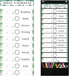 Daily Schedule Pocket Chart, Reusable Classroom Schedule Pocket Chart with 13+1 Pockets Chart, 20 Blank Double-Sided Cards, 2 Hooks, Black Pocket Chart Daily Schedule Pocket Chart for Classroom Home
