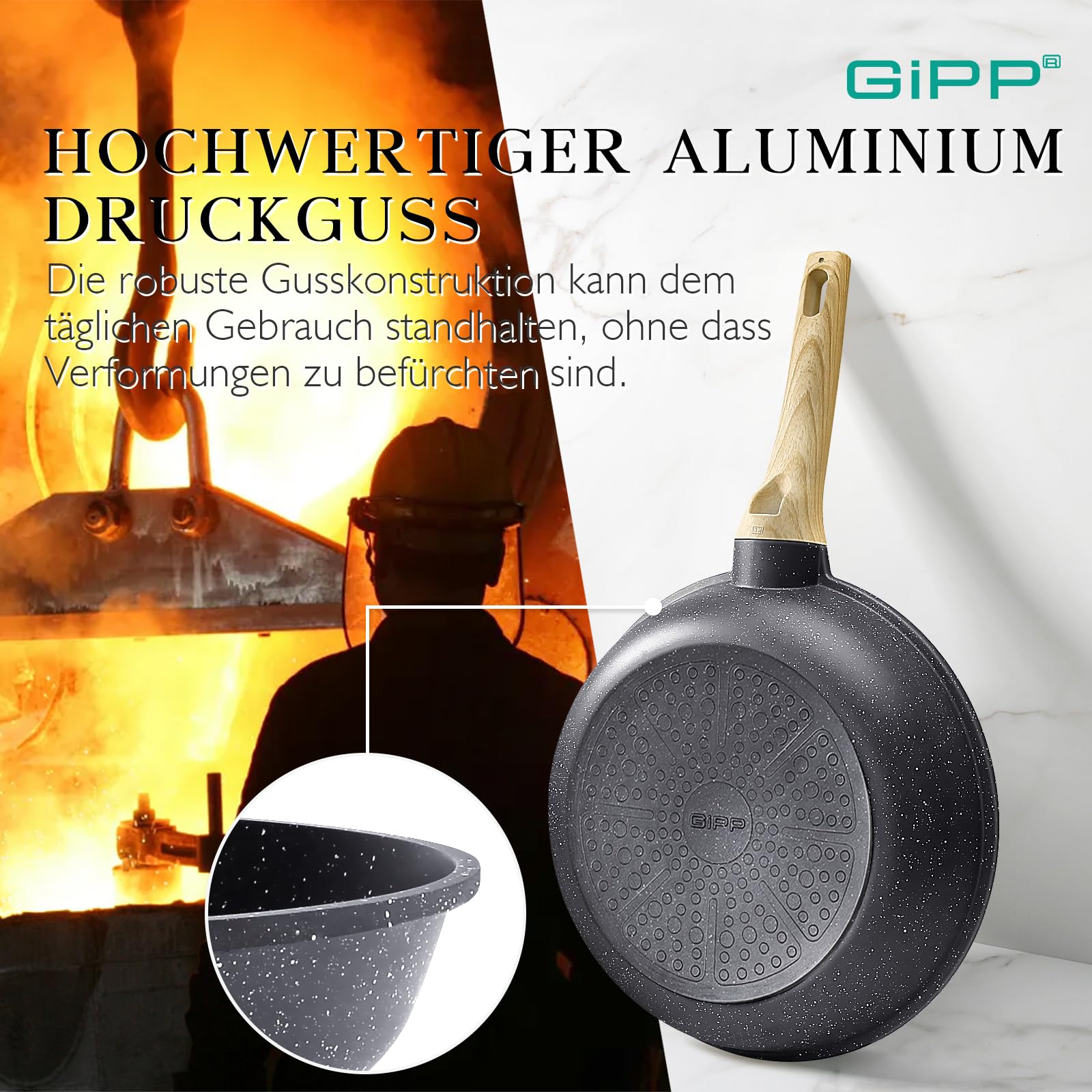 GiPP Pfannen- und Topfset mit Keramischer Antihaftbeschichtung – 21-Teiliges Induktions-Pfannenset mit Pfannenwender + Löffel, Ungiftig, für Verschiedene Herdarten Geeignet,Grau