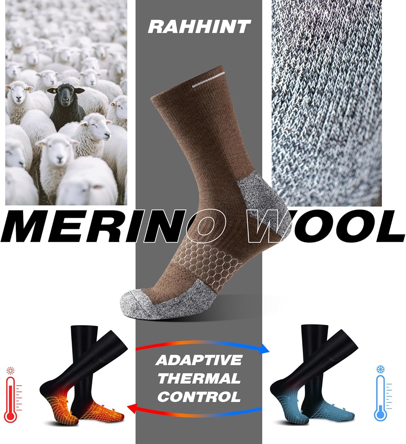 Rahhint Merino Wool Work Boot Socks 3 Pairs Durable Compression Moisture Wicking Anti Blister Cushion Hiking Running Socks - Image 3