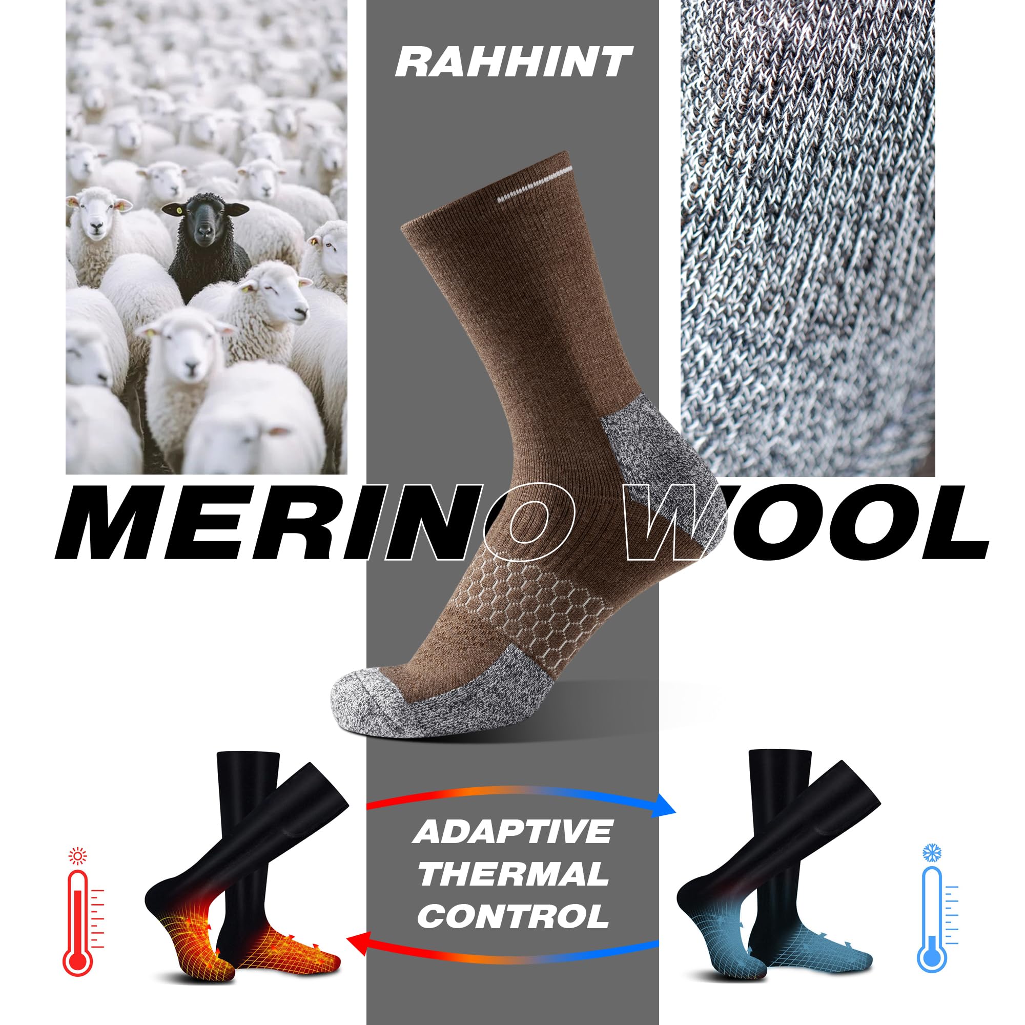 Rahhint 3 paia di calzini da lavoro in lana merino, resistenti, a compressione, anti-umidità, anti-vesciche, per escursionismo e corsa