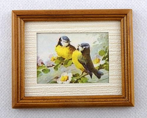 Melody Jane Dolls Houses Casa Miniatura Accesorio Azul Tit Birds Pintura Cuadro en Marco de Nogal