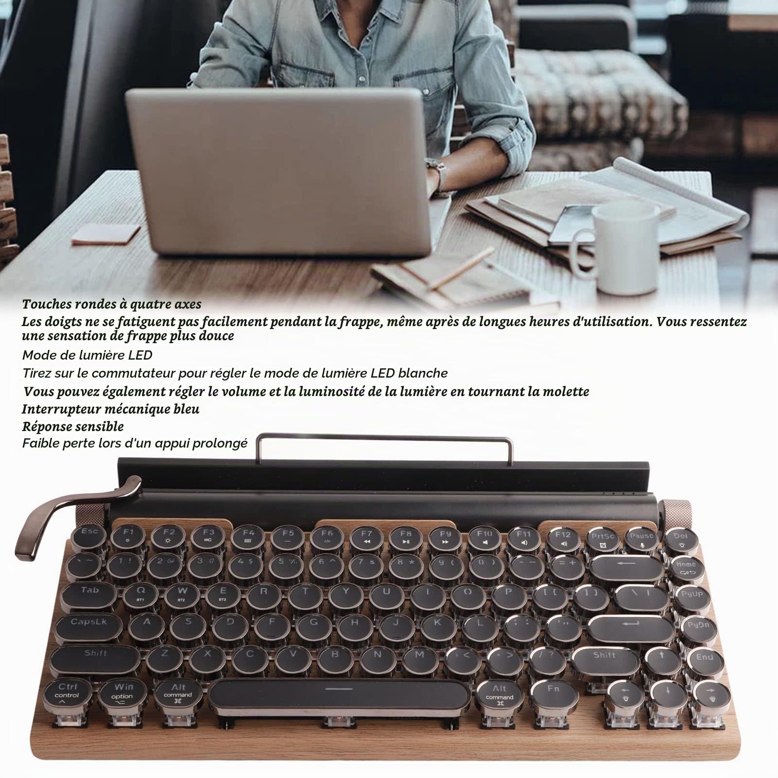 KIMISS Clavier de Machine à écrire 83, Touches Mécaniques sans Fil Bluetooth Vintage avec Capuchon Rond en Métal Couleur Grain de Bois (Couleur du Grain du Bois)