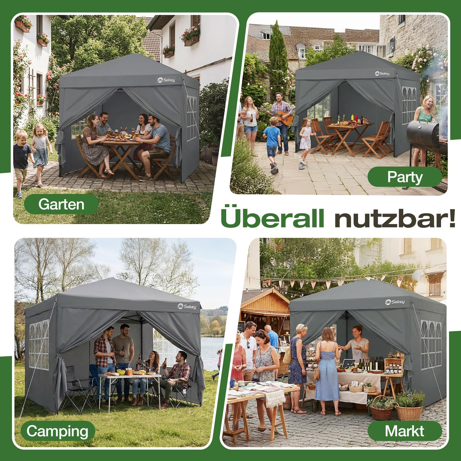 Sekey Pop Up Pavillon 3x3 Wasserdicht Stabil, Faltpavillon 3m x 3m mit Seitenwänden, Partyzelt Faltbar für Camping Party, Stufenlos Höheverstellbar 250 bis 270cm (Anthrazit, 3 x 3 m)